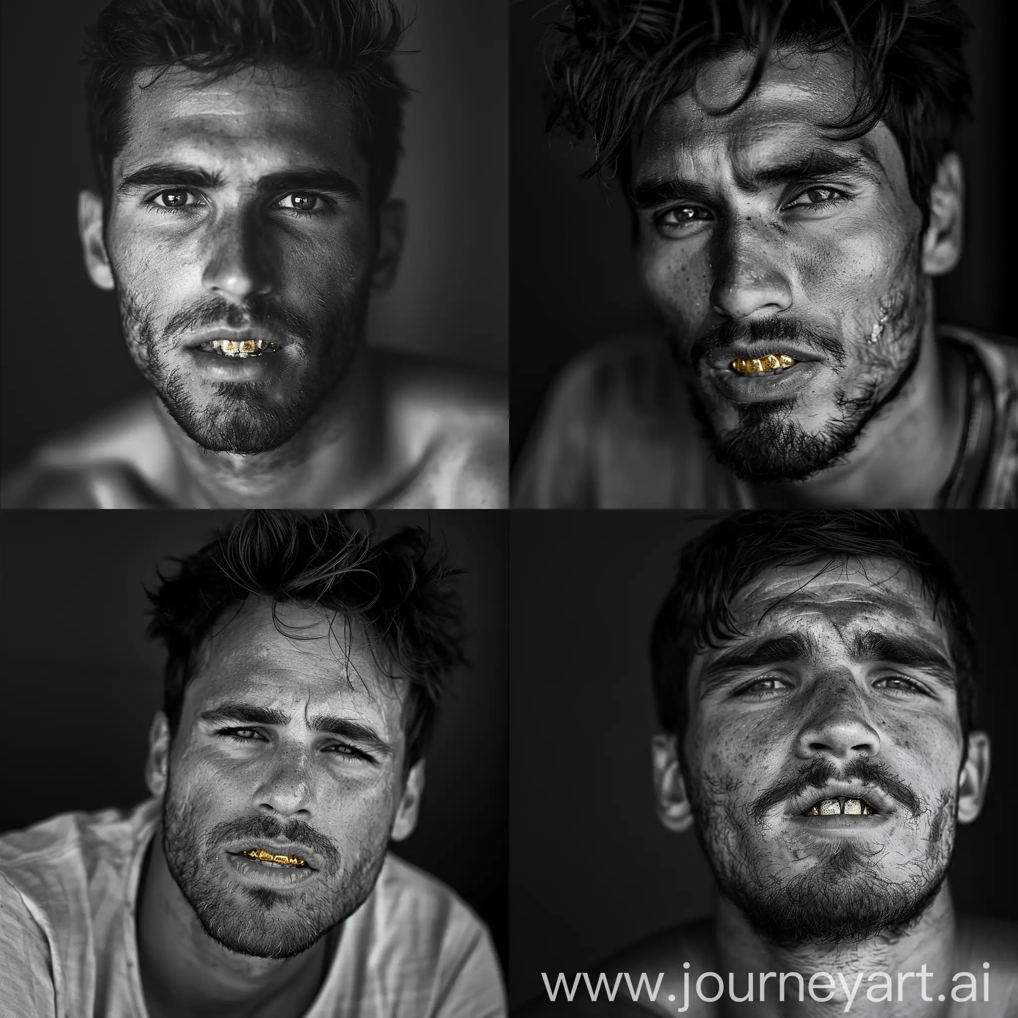 Confident-Black-and-White-Portrait-of-a-Handsome-Man-with-Short-Beard-and-Gold-Teeth
