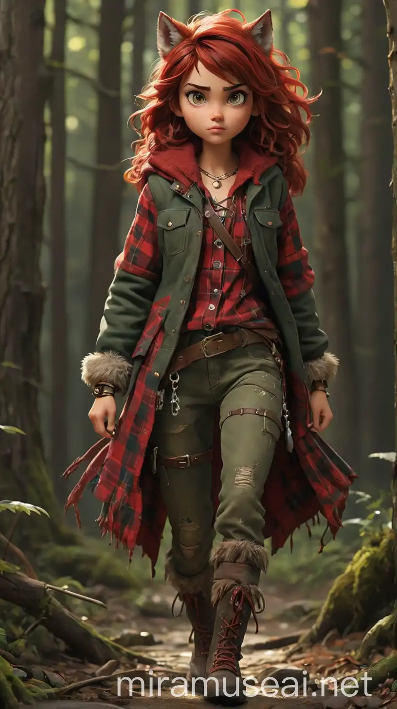 A fierce and adventurous young woman, with a bold spirit inherited from her legendary mother, Little Red Riding Hood. She stands tall at 5'11", with a strong and athletic build that speaks of her prowess as a hunter and explorer. The Girl's hair is a rich brunette, styled in tousled waves that cascade down her back, adorned with vibrant red streaks that add a fiery touch to her appearance. Her eyes are a deep shade of forest green, sharp and alert, reflecting her keen instincts and adventurous nature. Her outfit embodies a fusion of 2020s tomboy, forestpunk, adventurecore, fantasy2k, and werewolf aesthetics, with hunter elements woven throughout. She wears a red plaid flannel shirt paired with corset-laced jeans adorned with red lace, adding a touch of femininity to her rugged ensemble. Over the flannel shirt, she layers a faux fur jacket made of wolf fur, with a red leather hood that pays homage to her mother's iconic cape. On her feet, The Girl wears sturdy knee-length hiking boots, perfect for traversing the rugged terrain of the forest and embarking on daring adventures. She accessorizes with chains as jewelry, adding a touch of edge and fierceness to her look. The Girl's demeanor is confident and determined, with a fearless spirit that drives her to seek out new challenges and conquer any obstacle that stands in her way. She exudes an aura of strength and independence, blending elements of tradition, modernity, and fantasy in her captivating fashion choices. Overall, The Girl is a force to be reckoned with, a fearless hunter and explorer who embodies the spirit of adventure and resilience in every aspect of her being. 