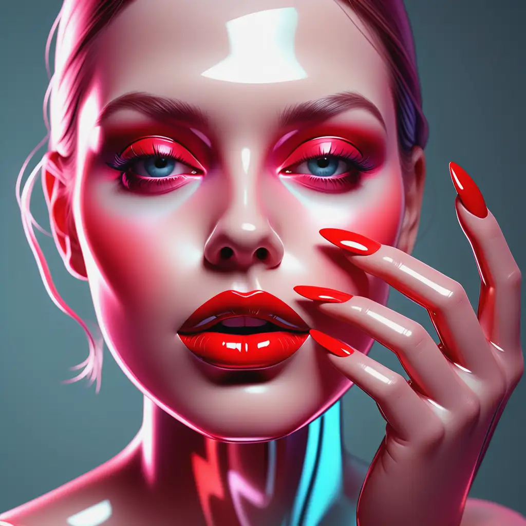 Draw me a hand with lipstick if made of glass... glassy 3D effect. Use a maximum of 6 different colors. Illustrations should be simple, stylized and easy to understand. Pay attention to clean lines and bold colors to make the result visually appealing