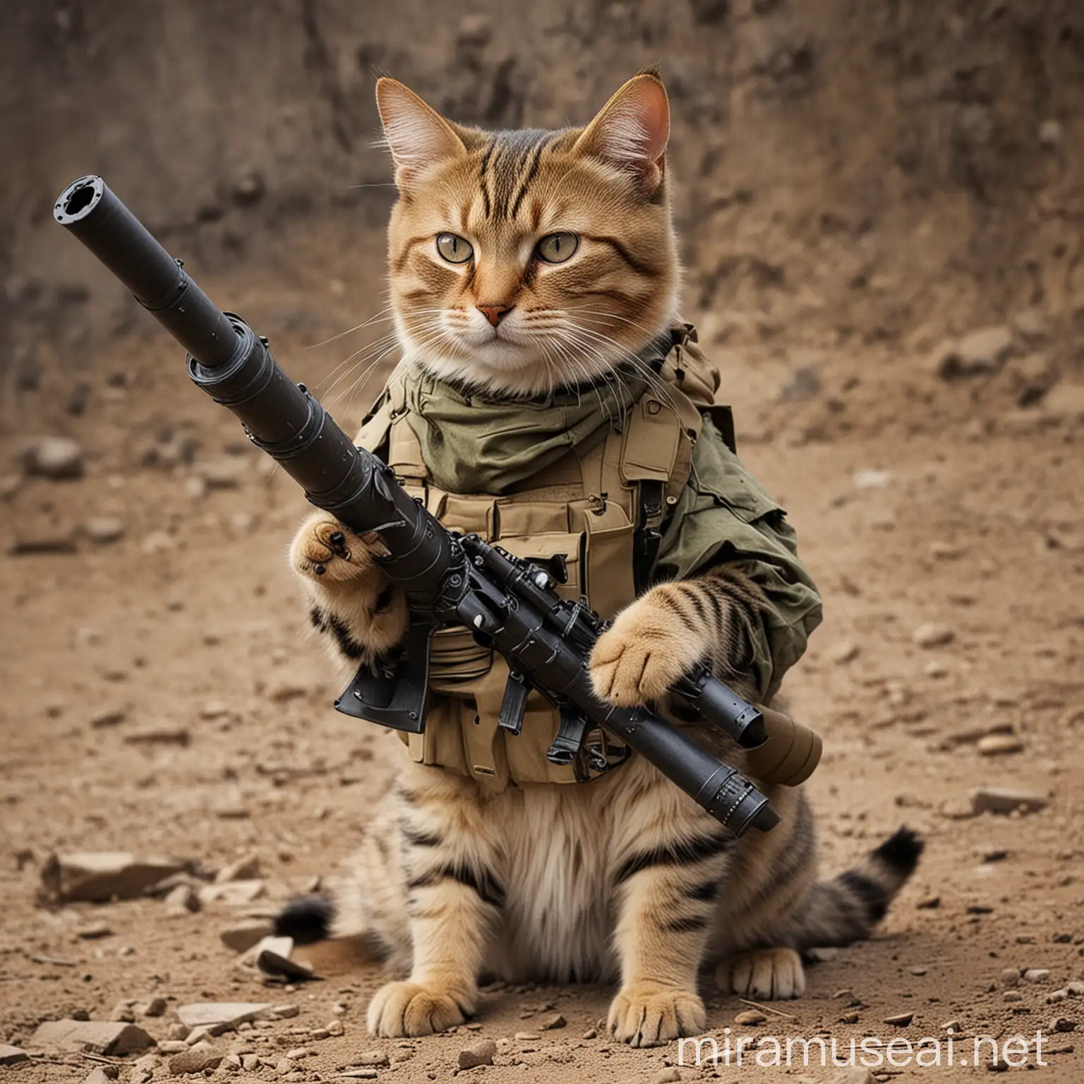 Fierce Cat Warrior Wielding a Bazooka in Battle