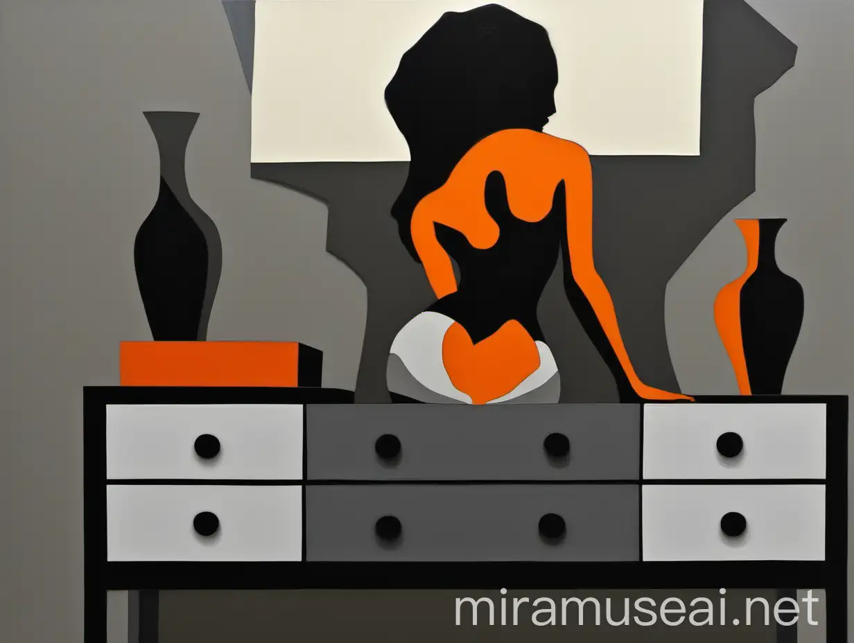 Abstract Woman Arranging Oranges on Gray Dresser