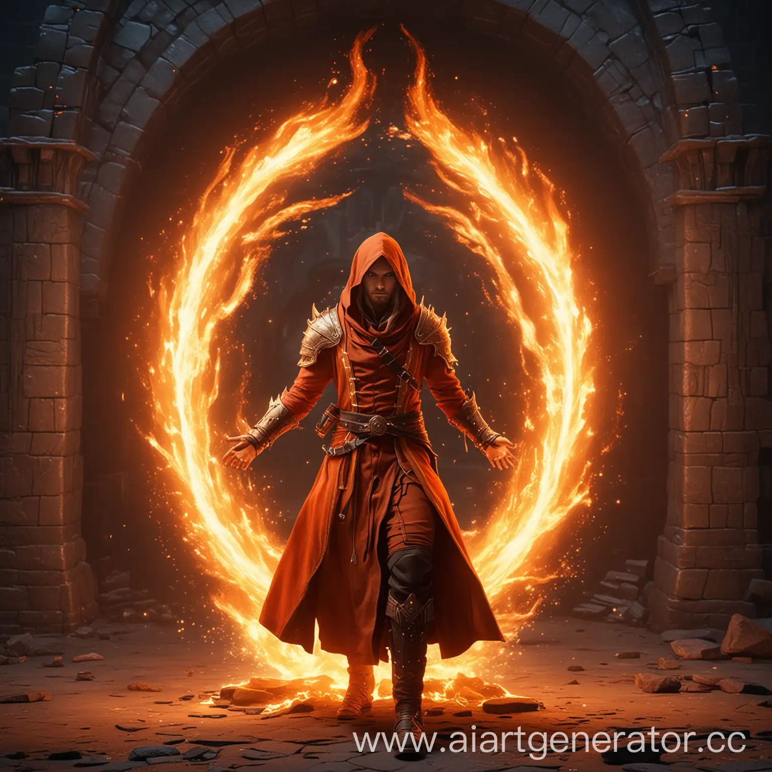 Светловолосый маг огня в костюме создаёт огненный портал