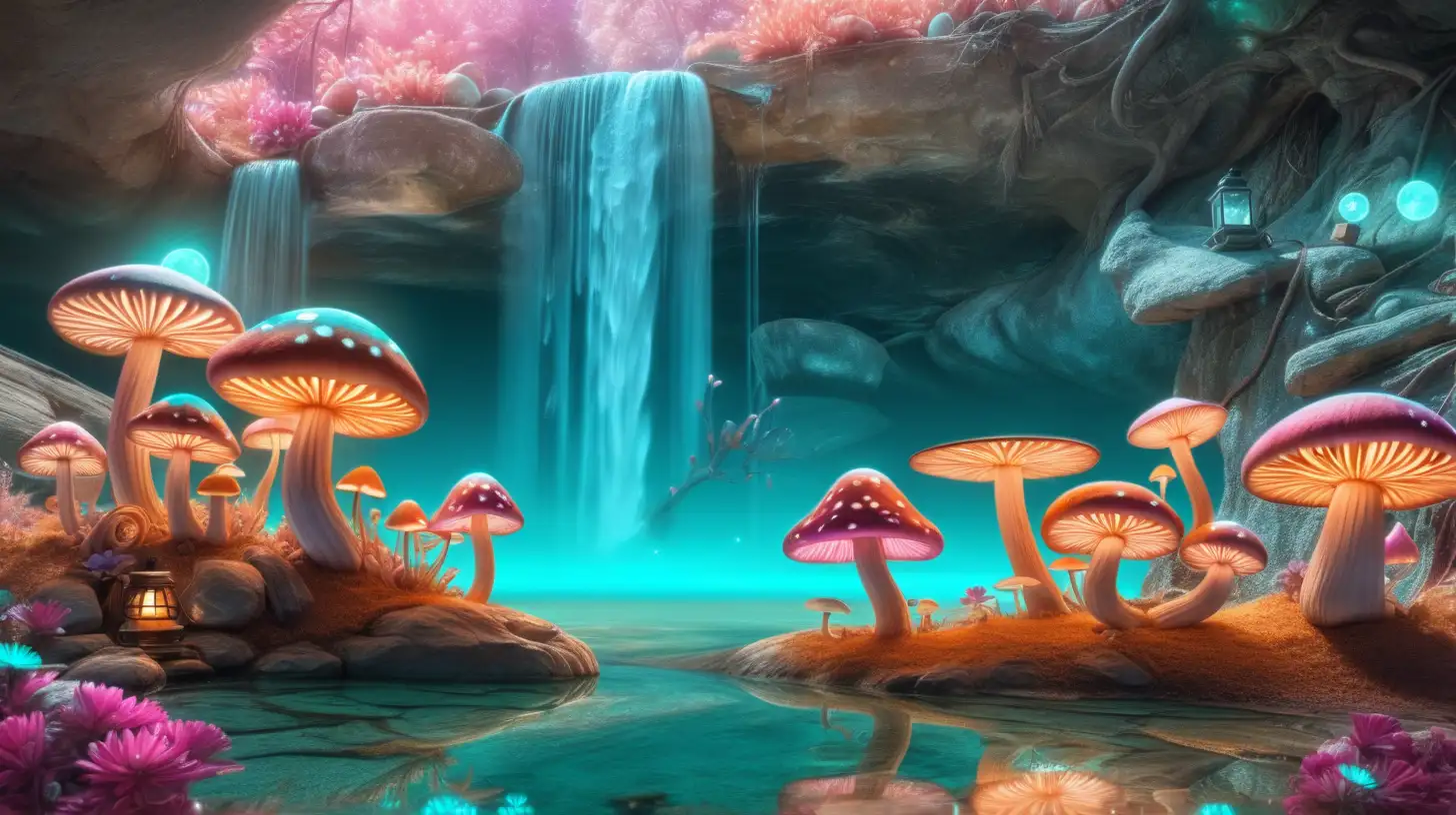 Enchanting Mushroom Forest with Turquoise Glowing Lake and Luminescent Flowers