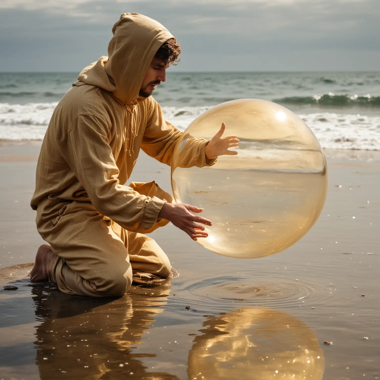 On the seashore, there is a man wearing a golden raw linen tunic and a hoodie. The man's face is not visible. He is kneeling down and observing his reflection on a large, golden transparent bubble. His hand is reaching out gently to touch the bubble.