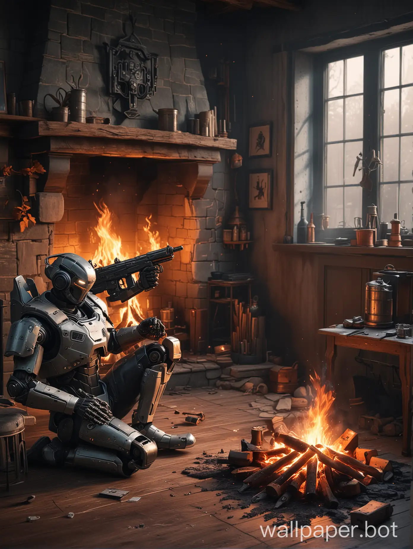 A cozy fire place, with a valorant character sitting in the corner, with his gun in hand, in a duel with a creepy robot across the fireplace