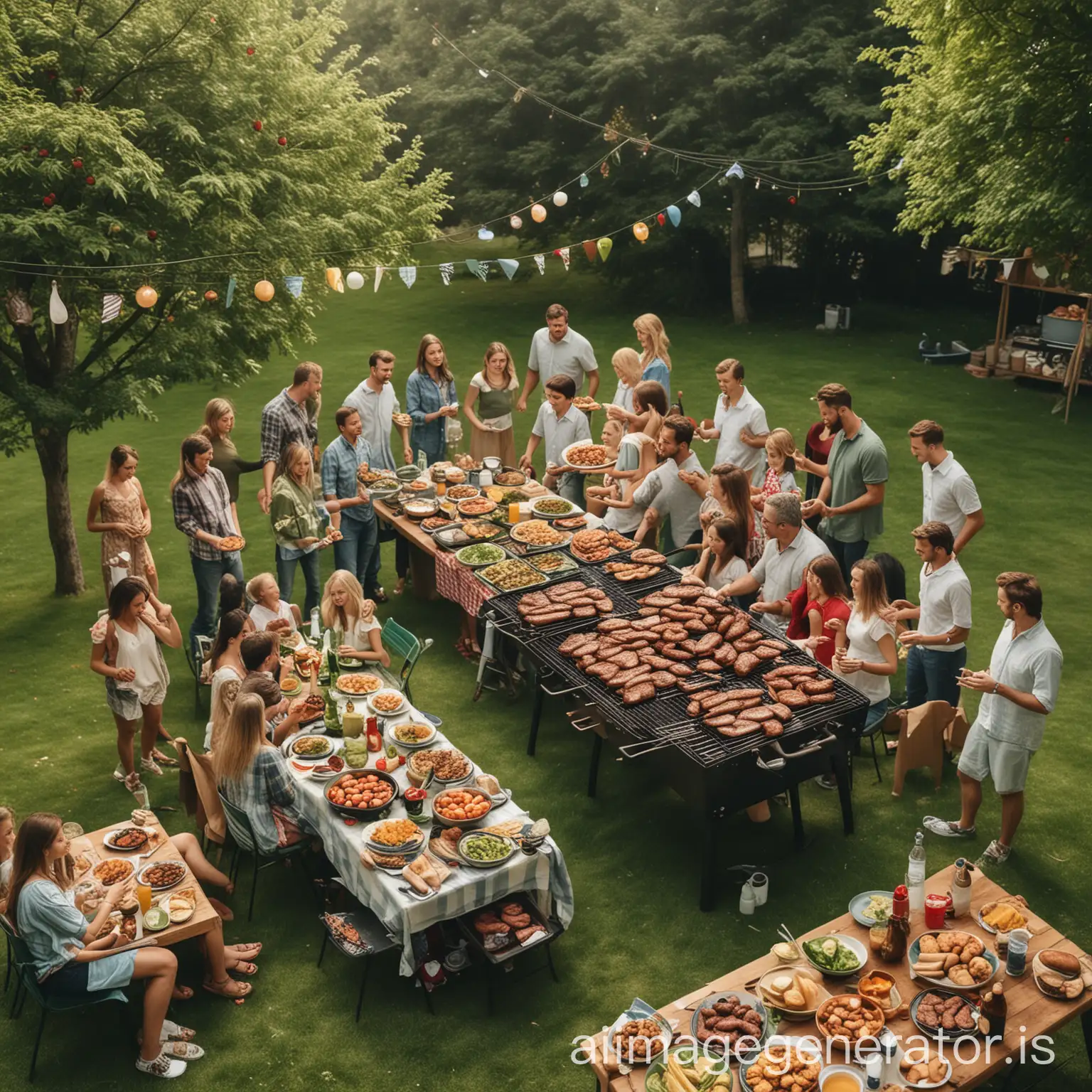 A large family barbecue party with a lot of grilled meat and a lot of family dressed modestly in a green space
