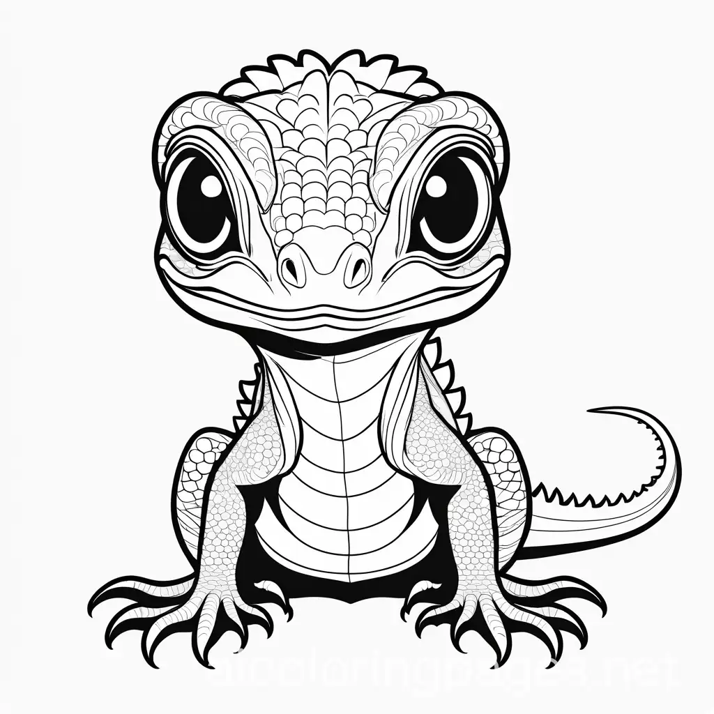 Baby iguana big round eyes, Coloring Page, black and white, line art, white background, Simplicity, Ample White Space