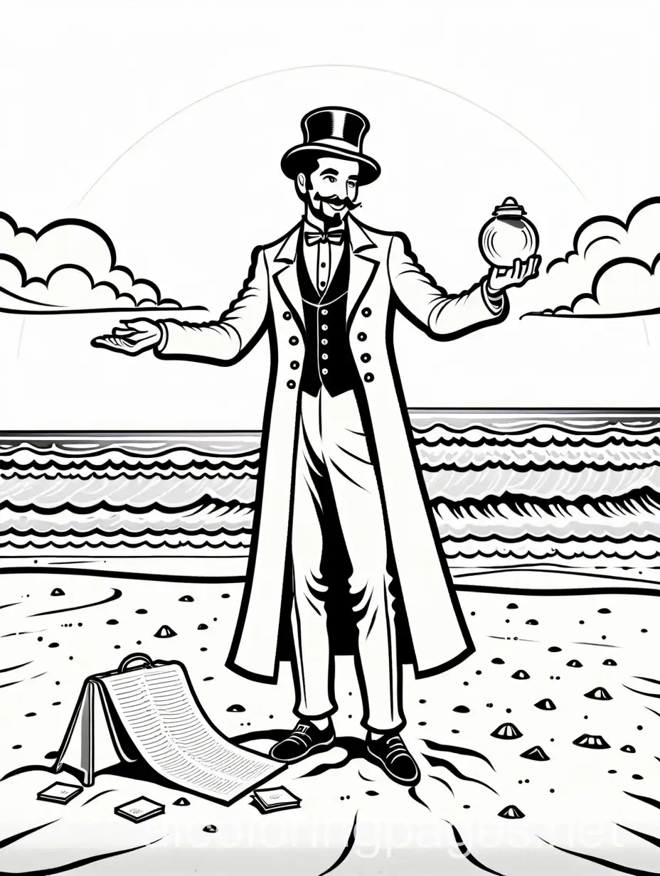 Magician on the beach in summer, Coloring Page, black and white, line art, white background, Simplicity, Ample White Space.