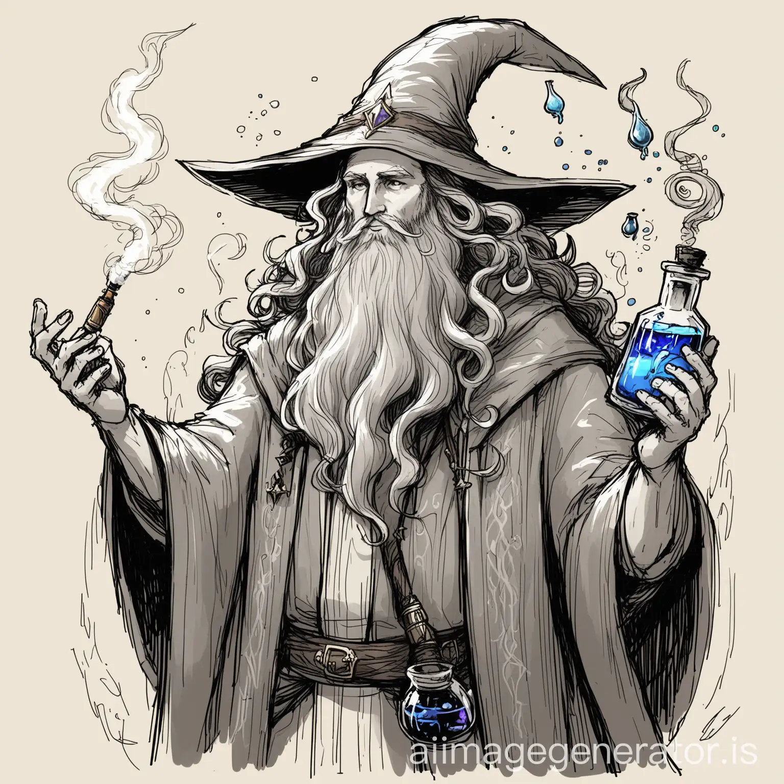 Skizze eines Fantasy Magiers mit langem Bart und kurzen lockigen Haaren. Er hat Zaubertränke um sich herum und eine vape in der Hand
