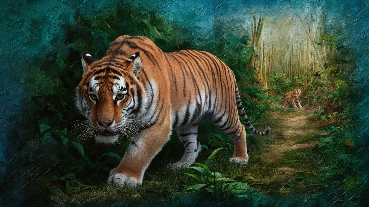 Tiger with ZebraLike Stripes Roaming in Dense Forest Canvas Painting