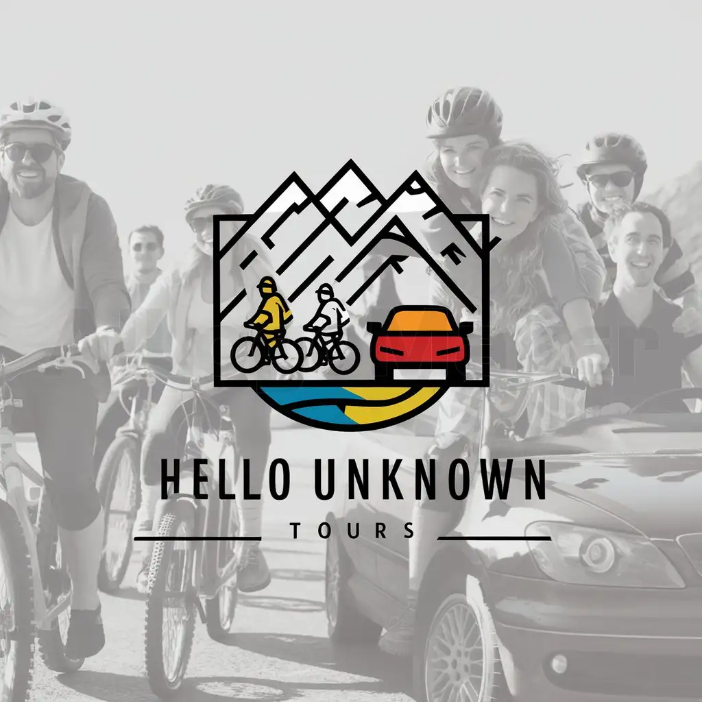 a logo design,with the text "Hello unknown tours", main symbol:group of people in the mountains with bikes and cars,Moderate,be used in Travel industry,clear background