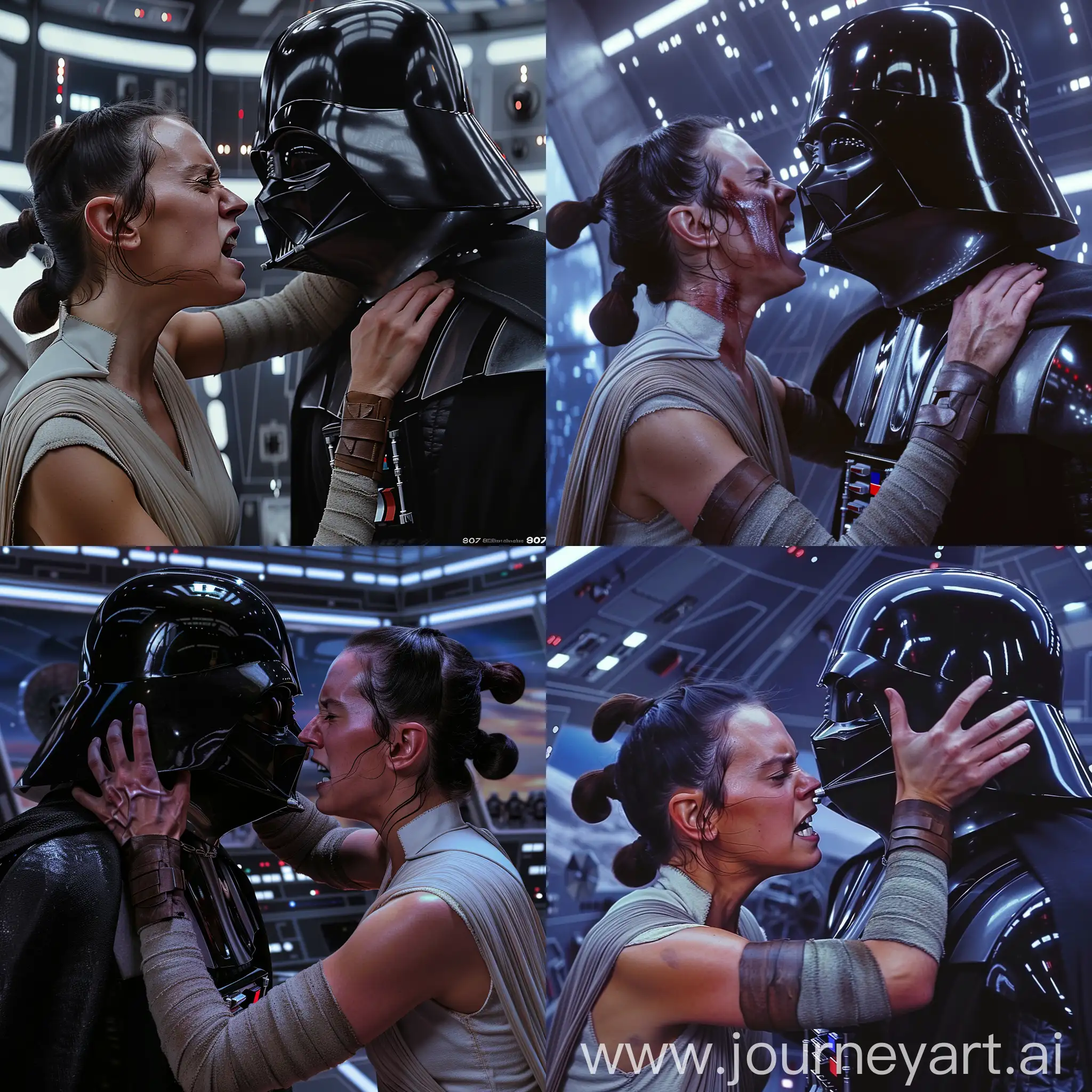 hyper-realistic images from the new Star Wars film, with Rey Skywalker very furious, facing Darh Vader face to face with her hand squeezing his neck, in Spaceship, 8k resolution