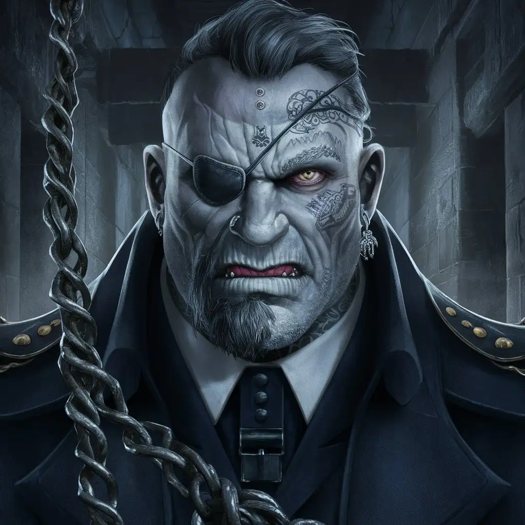 A half giant with grey skin jail warden with tattoos all over his face with a peircing on his right eyebrow and an eye patch over his left eye 
