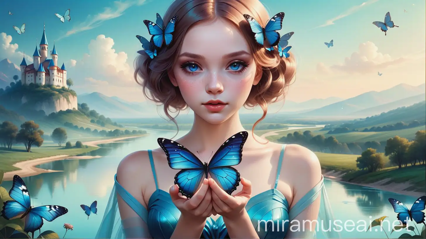 Person Holding Blue Butterfly in Landscape Inspired by Anna Dittmann