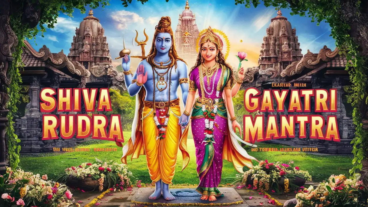 Make a Bollywood type movie poster with a picture of Lord Shiva And Lord Gayatri Devi inside it, a beautiful garden and a temple  Poster title : " Shiva Rudra Gayatri Mantra "
