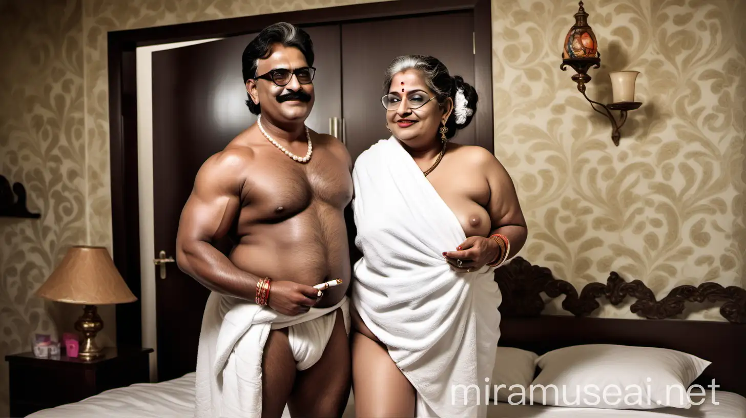 A indian mature  fat woman having big stomach age 57 years old attractive looks with make up on face standing with a 21 years old muscular male  ,binding her high volume hairs, Gajra Bun Hairstyle ,wearing metal anklet on feet and high heels, smoking a cigar  in her hand   , smoke is coming out from cigar  . she is happy and smiling. she is wearing pearl neck lace in her neck , earrings in ears, a power spectacles on her eyes and wearing  only a  white velvet  bath towel on her body. she is with a muscular man having age 21 ,the man is holding a big fish ,in background there is a luxurious spacious bedroom, the both are fully wet ,on bed both are sleeping on bed  with many cats in it and its morning time. show full body from top to bottom and show a detailed  long shot frame.