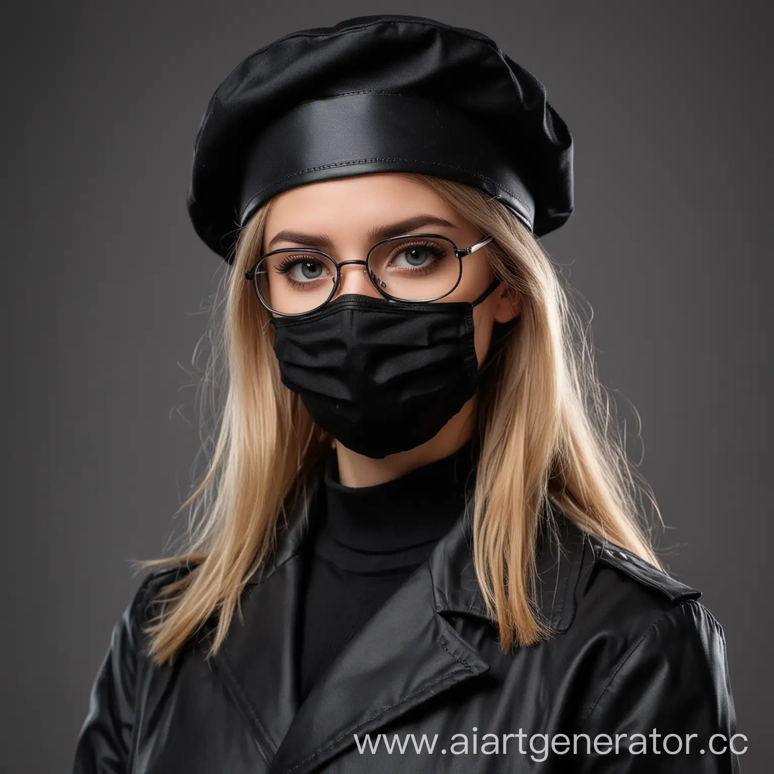 девушка врач в  черном берете, очках авиаторах, черной куртке и медицинской маске 