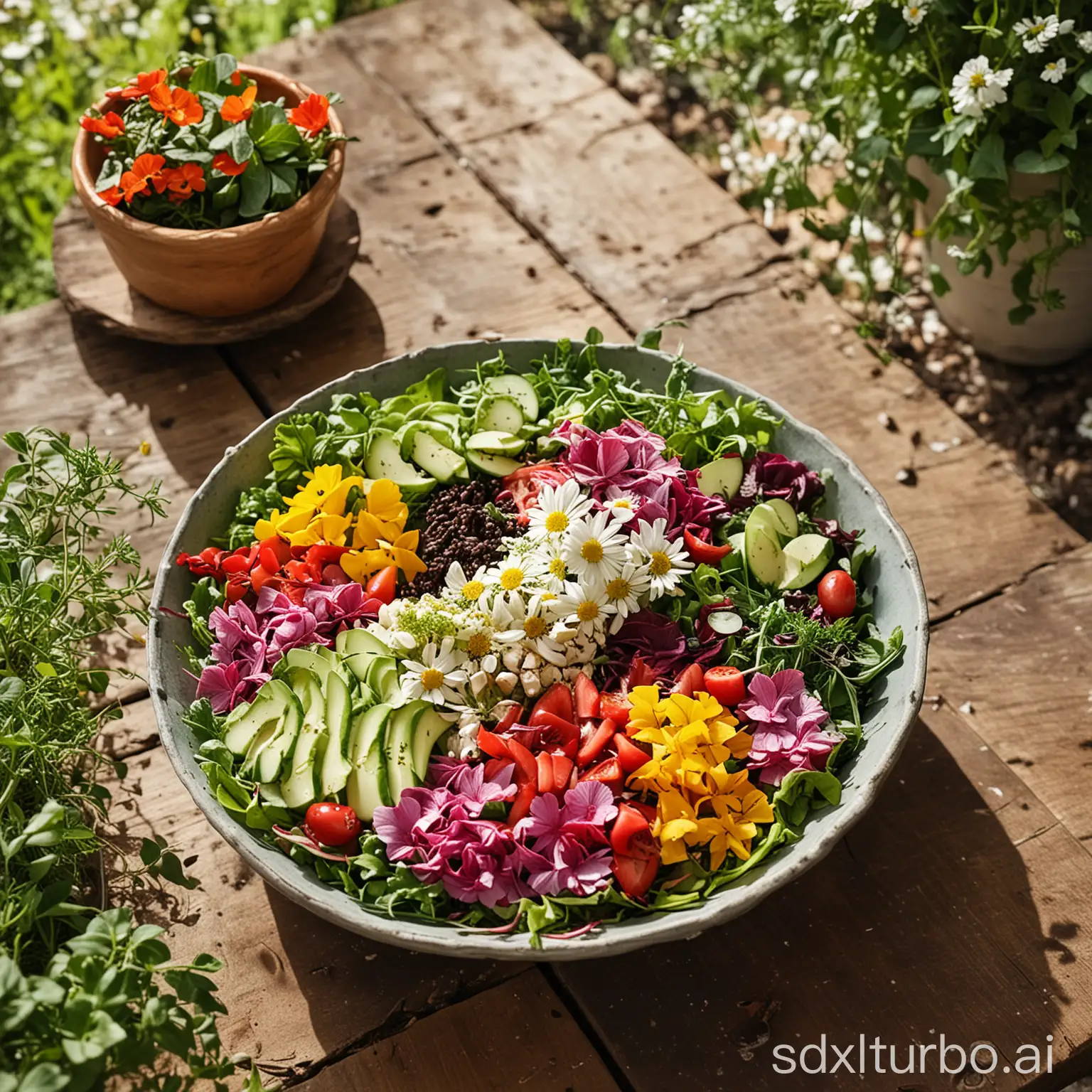 A fresh advertisement still for a vibrant salad, displayed in a stylish bowl on a rustic wooden outdoor dining table. The background features a lush garden setting with blooming flowers, potted herbs, and a gentle breeze, creating a natural and inviting atmosphere that emphasizes health and freshness in an outdoor dining experience.