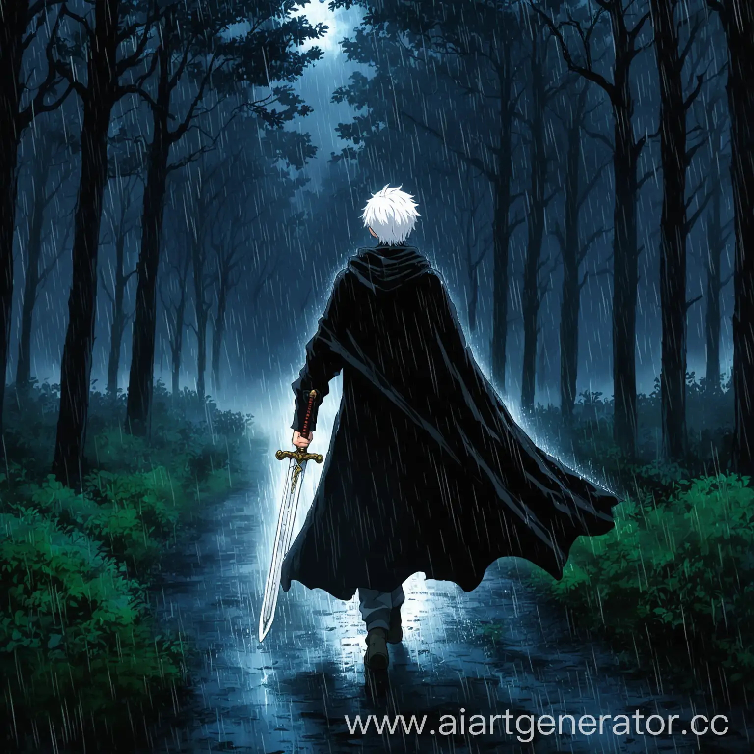 Boy-in-Black-Cloak-with-Sword-Walking-into-Forest-at-Night-Anime-Style