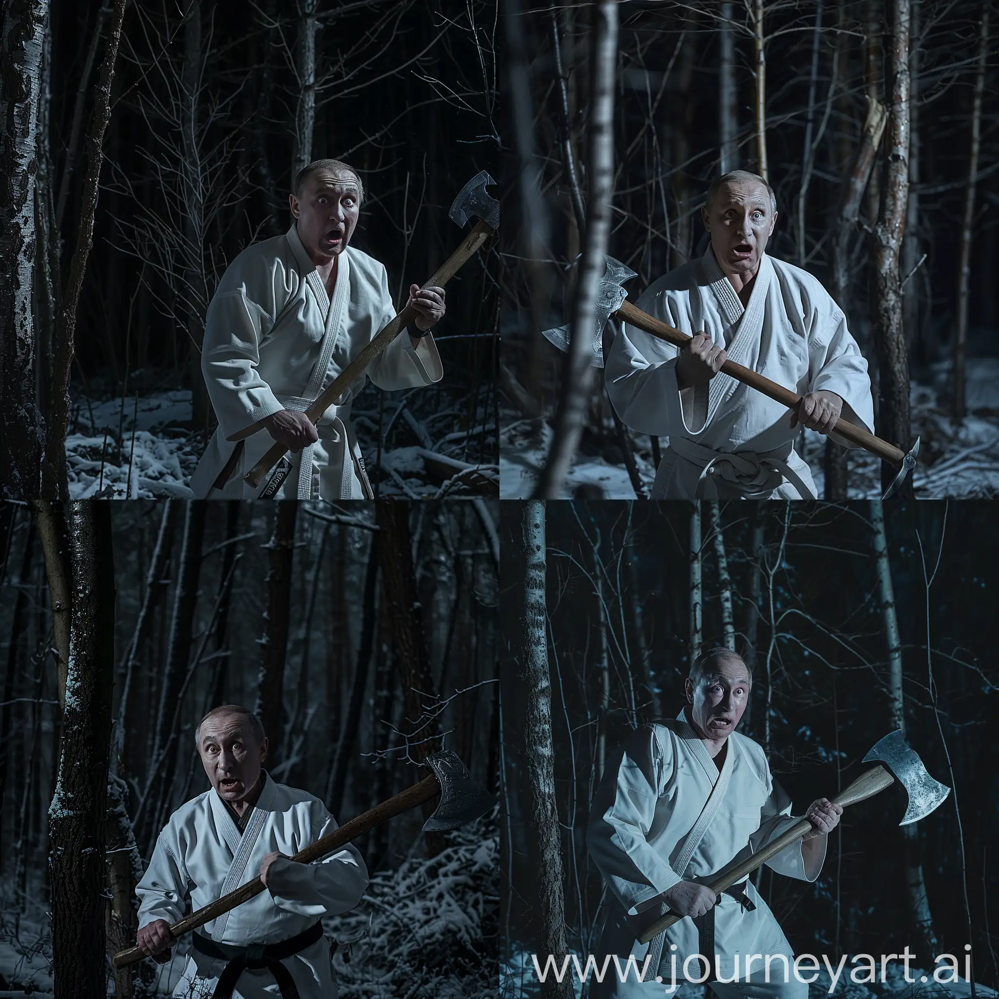 Putin, standing, dark eerie forest, night, traditional white martial arts gi, shocked wide-eyed expression, holding large axe, dense leafless trees, ground covered in snow, dramatic lighting, deep shadows, mysterious, unsettling mood, middle shot, realistic