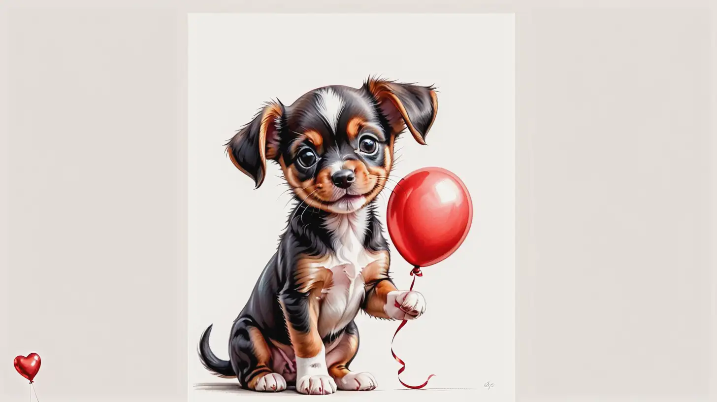 Adorable Puppy Holding Red Balloon Pastel Drawing on Blank Background