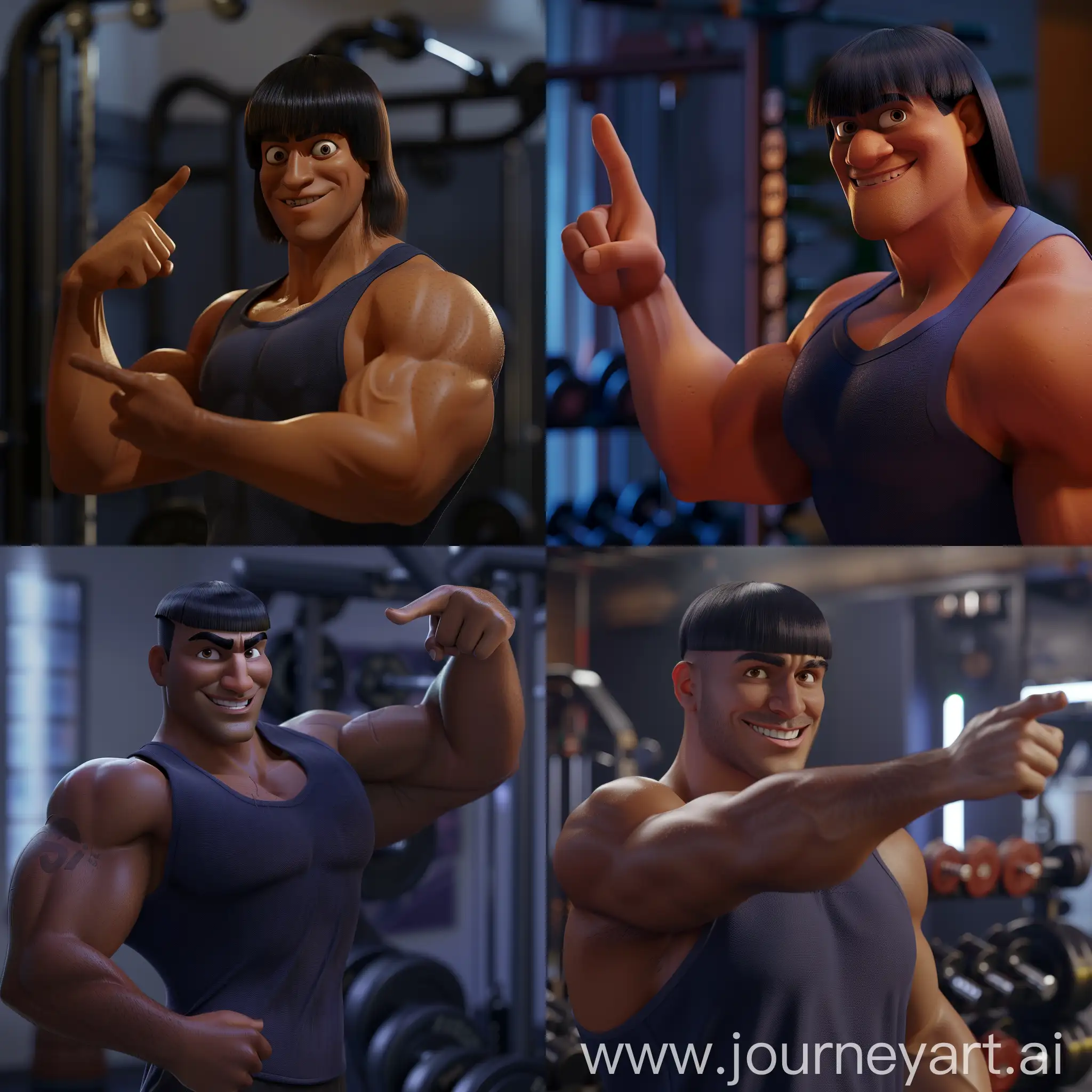 defined and monstrous man in the gym, pointing to the side, dark skin, straight hair with bangs, dark blue tank top, brown eyes, happy, ultra realistic pixar style 4k