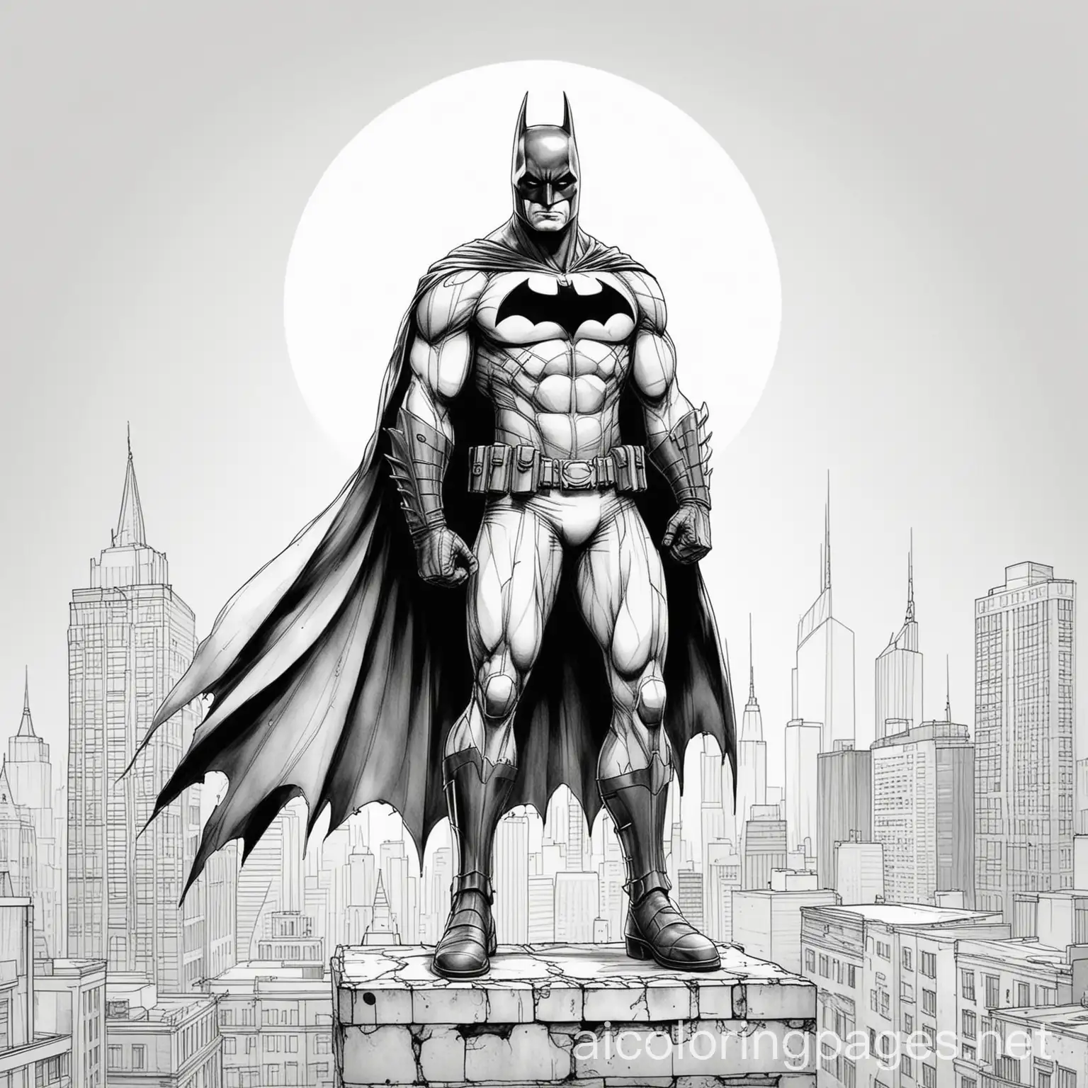 Batman standing on a building, Coloring Page, black and white, line art, white background, Simplicity, Ample White Space. The background of the coloring page is plain white to make it easy for young children to color within the lines. The outlines of all the subjects are easy to distinguish, making it simple for kids to color without too much difficulty