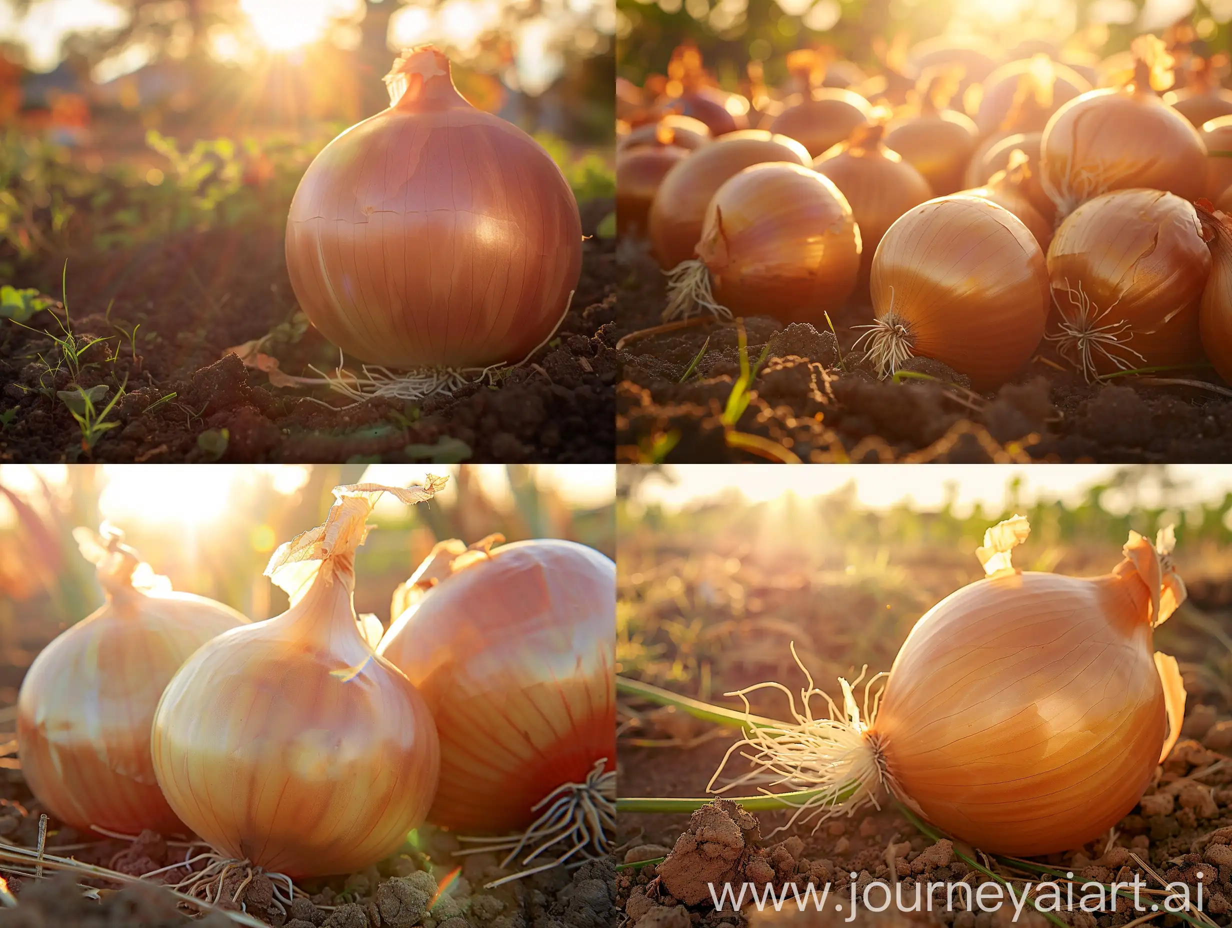 High detailed photo capturing a Onion, Exhibition. The sun, casting a warm, golden glow, bathes the scene in a serene ambiance, illuminating the intricate details of each element. The composition centers on a Onion, Exhibition. This heavyweight, often grown for competitions, is a contender and frequent blue ribbon champion. This hefty Spanish-type onion, with a beautiful straw-golden tunic, is mild, extra sweet, and salad-ready.. The image evokes a sense of tranquility and natural beauty, inviting viewers to immerse themselves in the splendor of the landscape. --ar 16:9 
