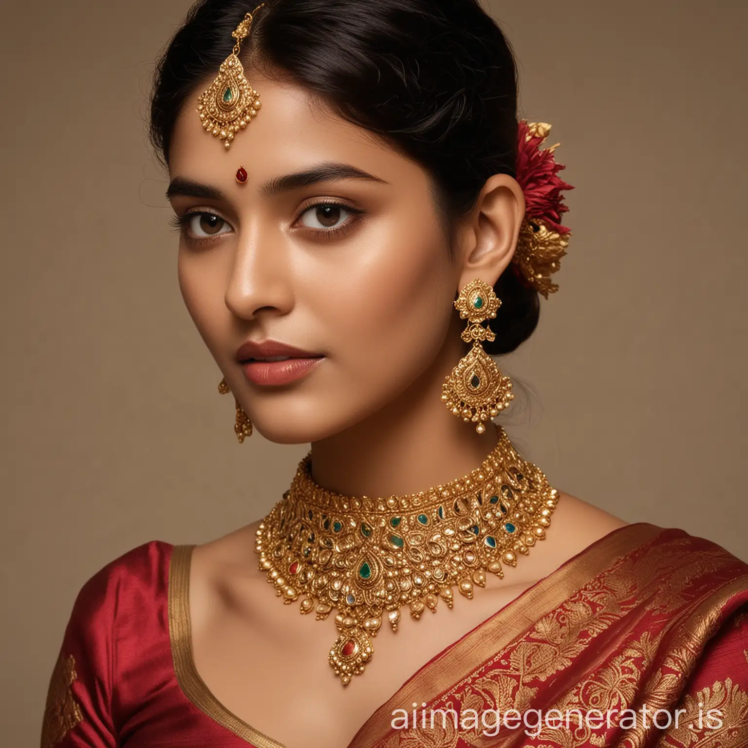 Create a captivating image featuring a South Indian woman adorned in exquisite gold jewelry, radiating grace, elegance, and sophistication. Showcase her wearing stunning necklaces, intricate bangles, ornate earrings, and other traditional ornaments that celebrate India's rich cultural heritage. Emphasize the beauty of the jewelry against her traditional attire, capturing the essence of timeless charm and opulence. Pay attention to detail, from the intricate designs of the jewelry to the delicate features of the model, ensuring every element reflects the allure of India's gold jewelry tradition