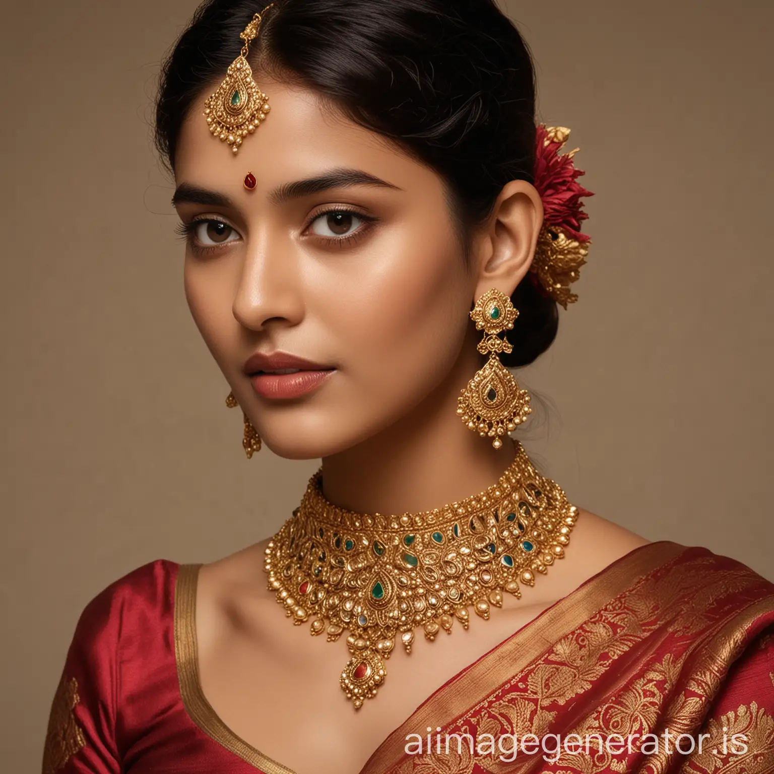 Elegant South Indian Woman in Exquisite Gold Jewelry Celebrating 