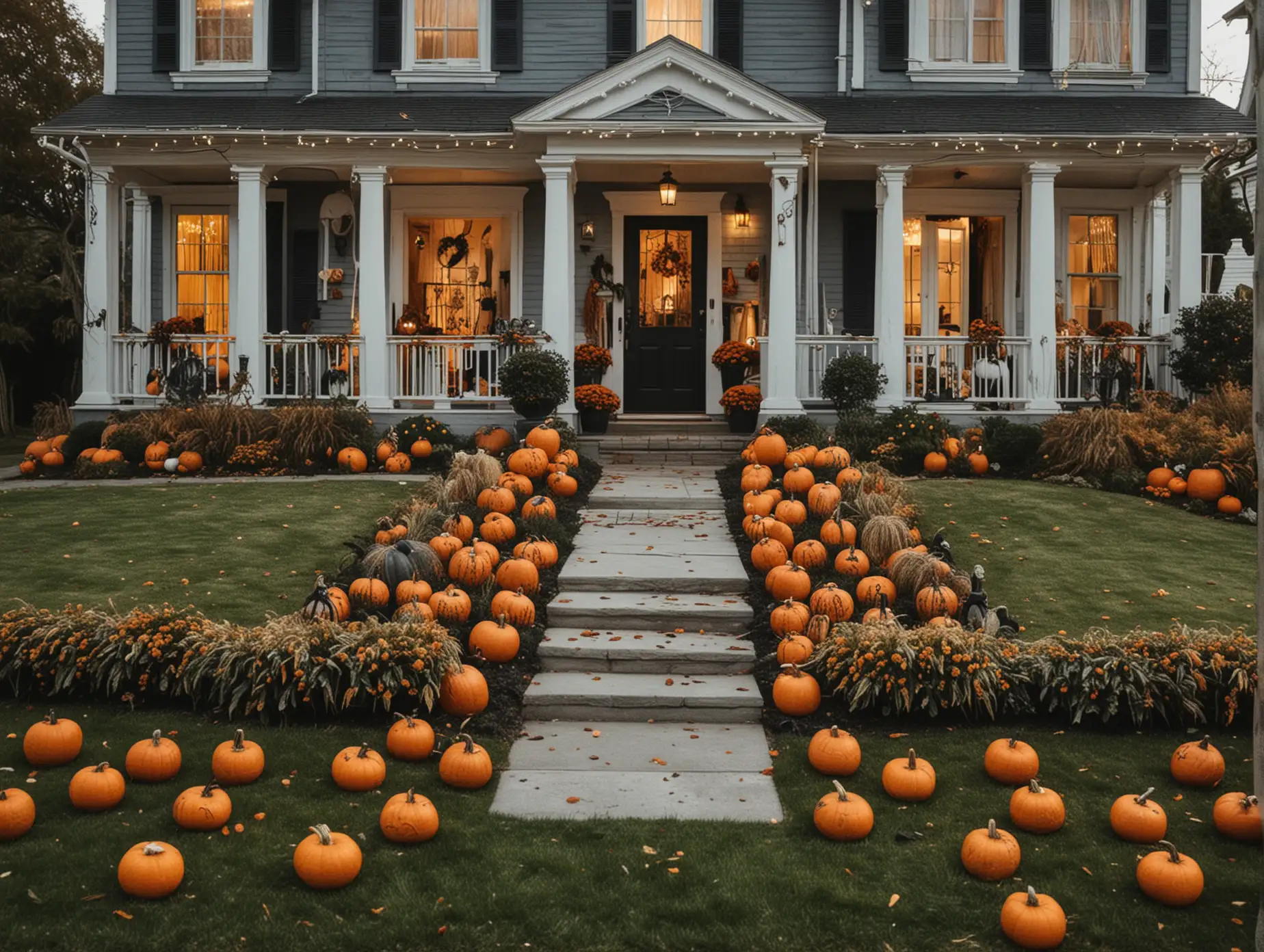A front yard decorated with pumpkins for Halloween