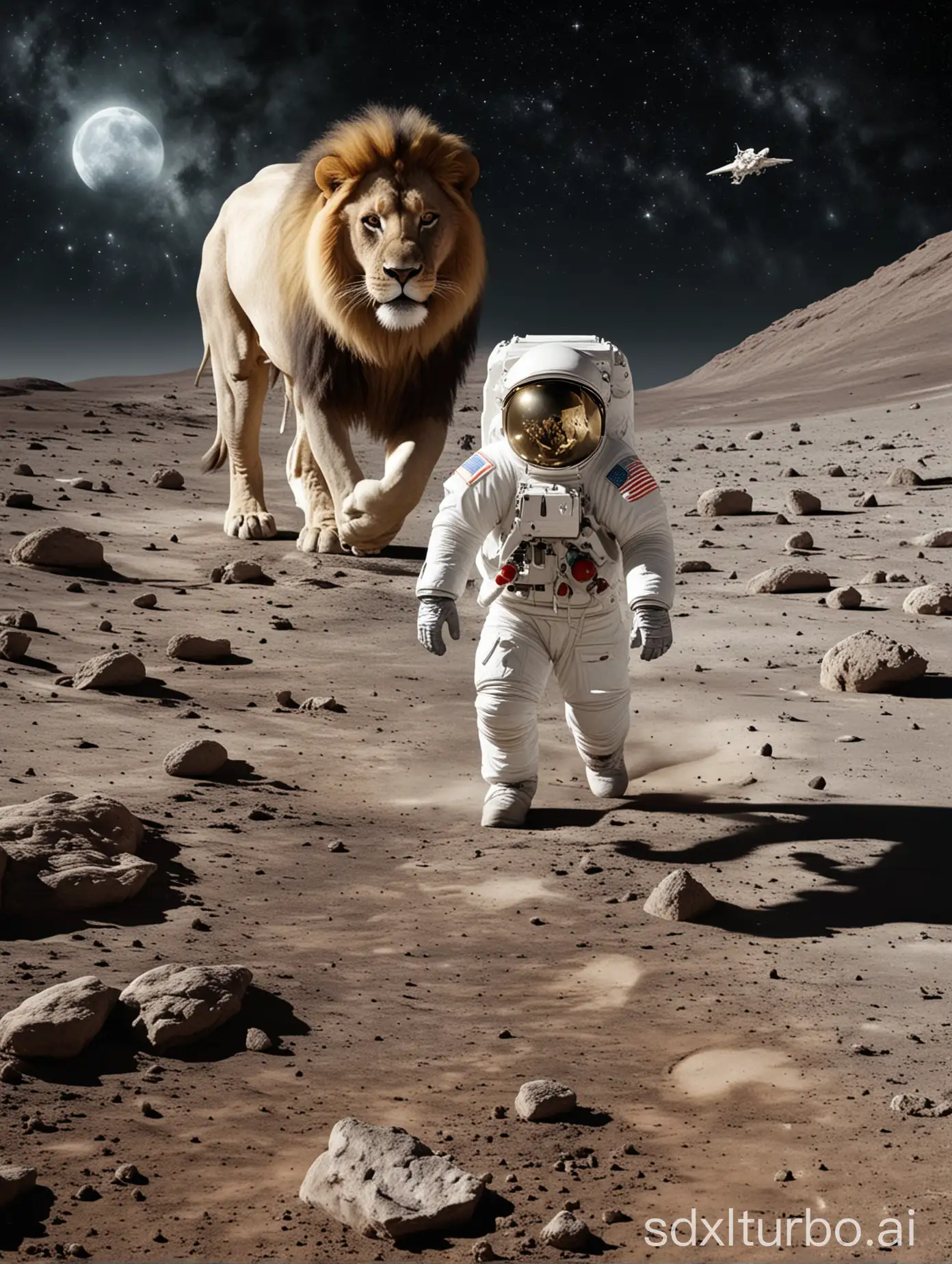 Astronauts in the moon walking towards a lion with white wings