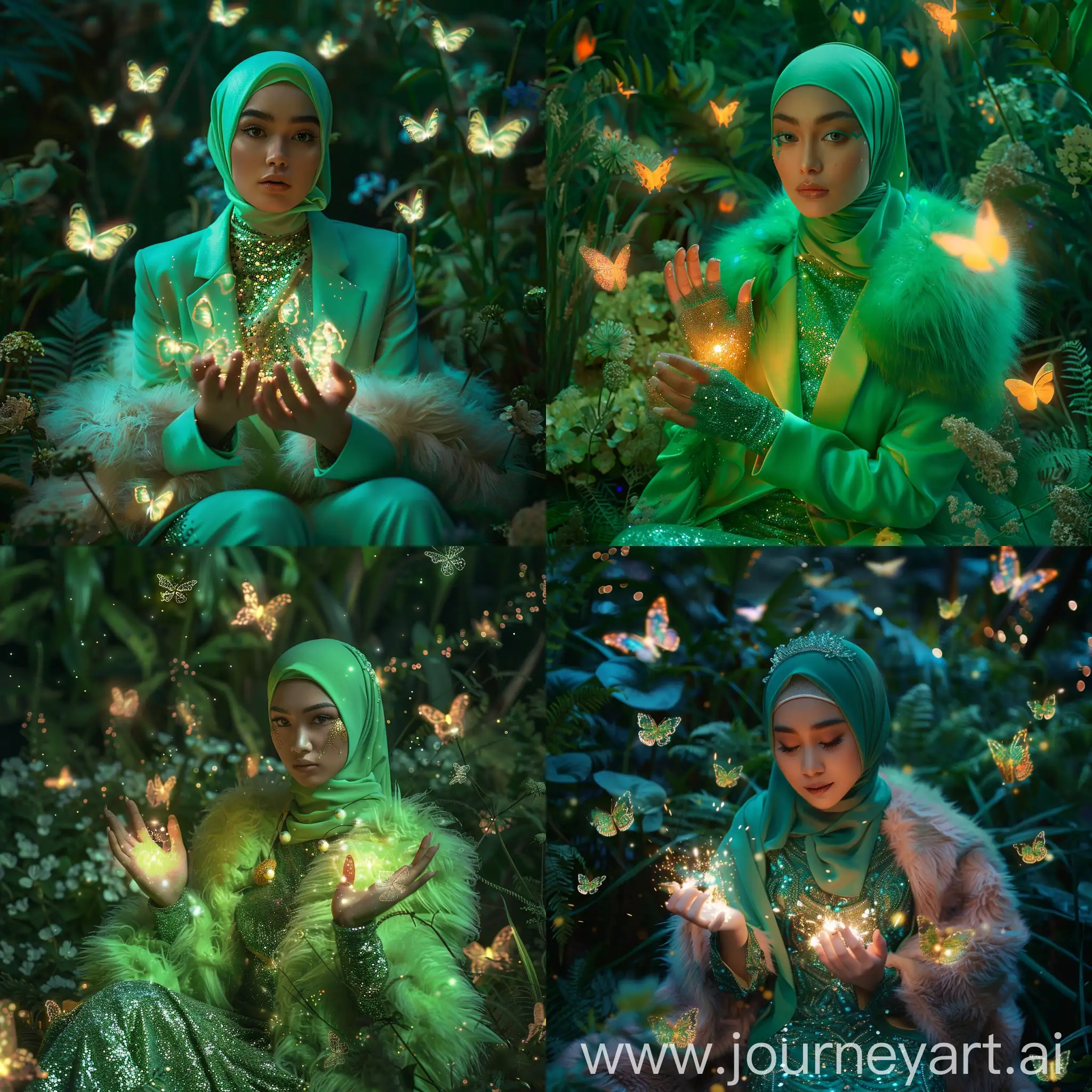 Glowing-Green-Mermaid-in-Enchanted-Garden-at-Night