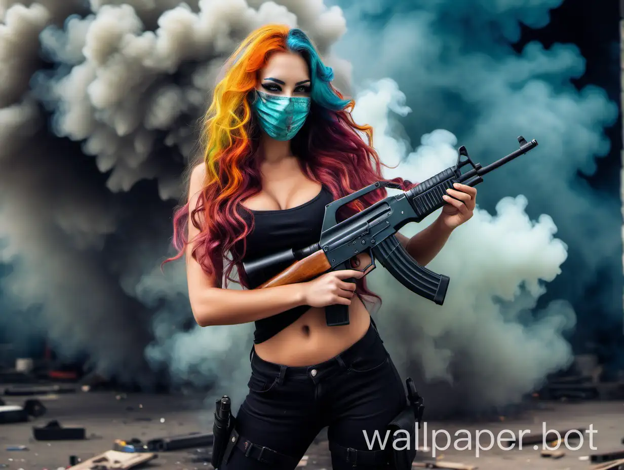 attractive young woman, bodacious, body. long wavy colorful hair. mask, holding an ak-47 in front of a very big smoke cloud