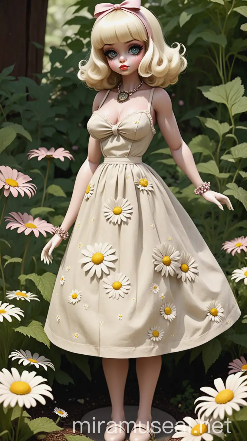 Ranfren art style, gardening, tending flowers, Name: Daisy, Species: Cryptid (humanoid appearance), Build: Hourglass figure with big breasts and thick thighs. Skin: Pale white.
Hair: Blonde, typically styled in a way that complements her retro, vintage fashion sense.
Eyes:
False Eyes: Wide and always contoured with makeup, giving her a distinctive, almost doll-like appearance.
Real Eyes: Located under her false eyes, usually closed, resembling blush marks when not open.
Clothing: Style: Always wears cute dresses, often with floral prints.
Accessories: Hair Accessories: Ribbons, headbands, or vintage clips.
Jewelry: Delicate necklaces, often with small flower pendants, and vintage earrings.
Footwear: Mary Janes or vintage-style shoes that complement her dresses.