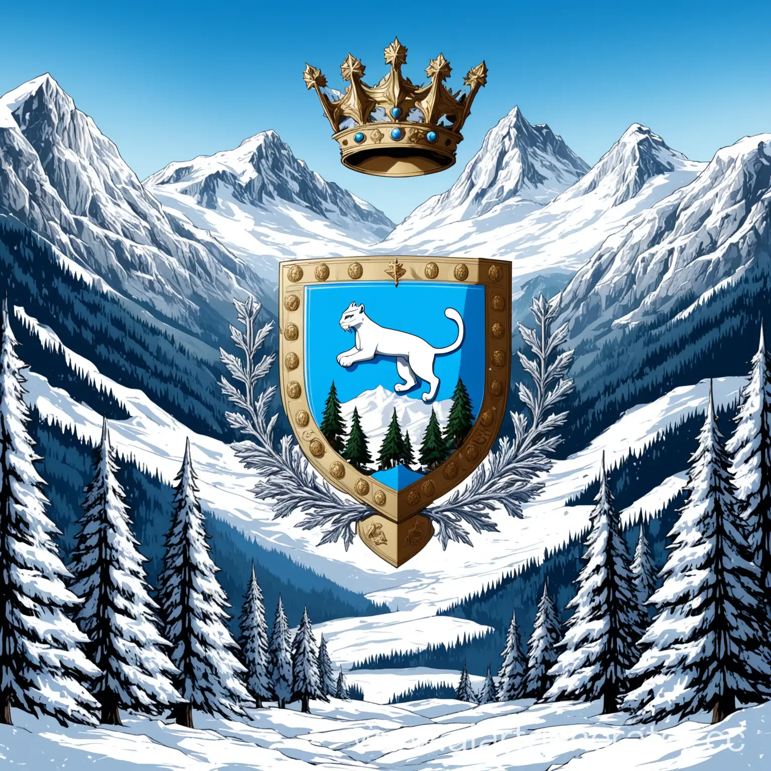 Герб  фэнтези страны, большие горы, елки, снег, серебро, синий, голубой, белый, глаза пумы