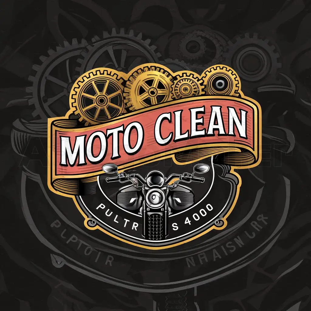 a logo design,with the text "moto clean", main symbol:Vector steampunk style BANNER, with the typographic text 'Moto Clean', BLACK BACKGROUND, bright and vibrant colors. Ultra-sharp letters and images with 3mm contour, full color image fill, ultra-detailed images with sharp lines and textures, capturing every detail with precision, image with ultra-fine and sharp contour, no copyright, no watermarks, add a pulsar ns 400 motorcycle,Moderate,be used in Others industry,clear background
