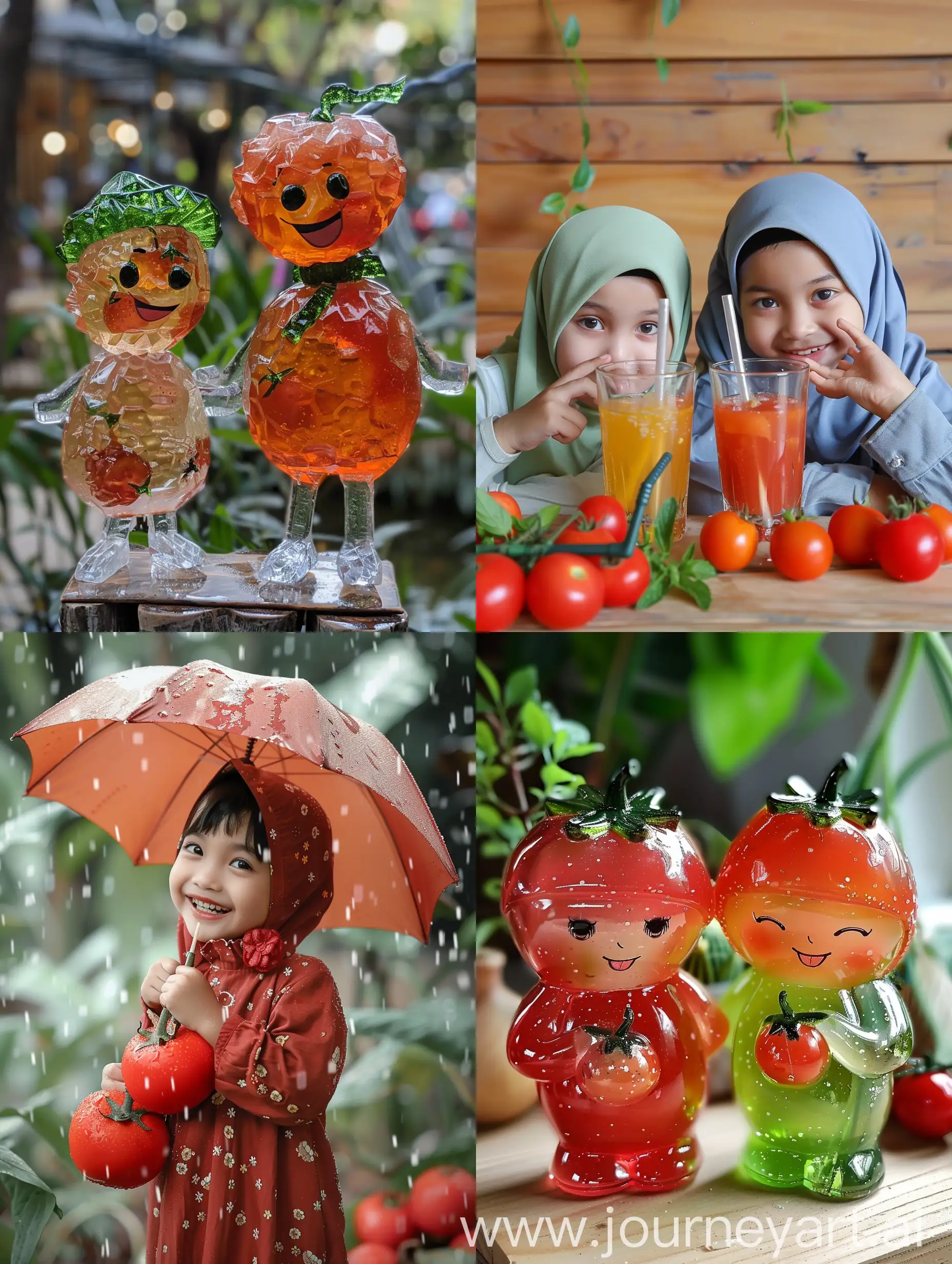 Two-Cute-Crystal-Glass-Sculptures-of-Tomato-and-Mangosteen-Children-Holding-Hands-in-Natural-Sunlit-Scene