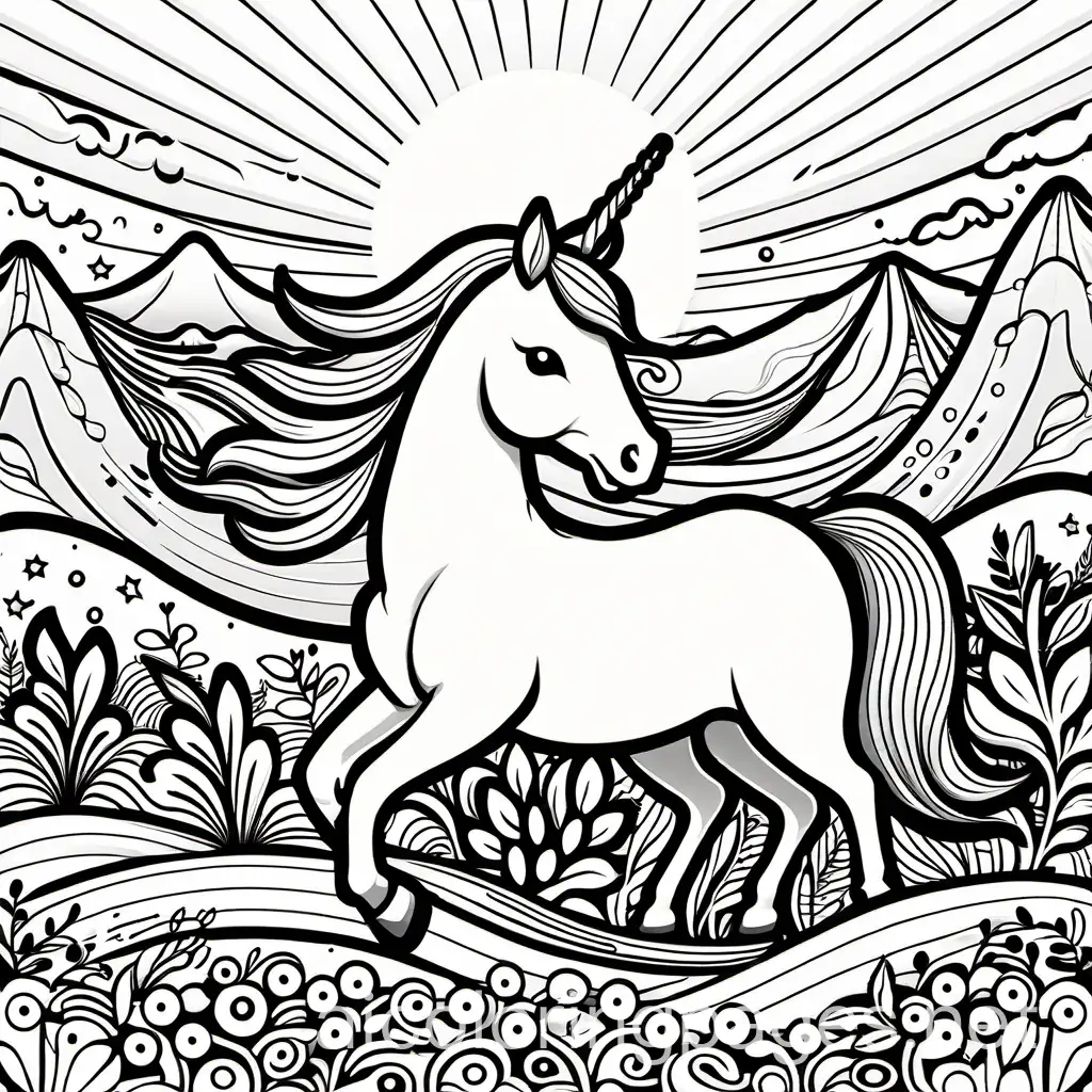 The baby unicorn's ears flop slightly to the sides, giving it an irresistibly goofy charm. Its tiny hooves leave little imprints in the ground as it takes hesitant steps forward. Above, the sun shines brightly in the sky, casting warm rays down onto the scene below. Fluffy clouds drift lazily by, their shapes ever-changing and whimsical. Birds chirp merrily in the background, adding to the cheerful atmosphere. This black and white doodle invites you to add your touches of color, bringing to life the joy and innocence of a baby unicorn playfully and imaginatively., Coloring Page, black and white, line art, white background, Simplicity, Ample White Space. The background of the coloring page is plain white to make it easy for young children to color within the lines. The outlines of all the subjects are easy to distinguish, making it simple for kids to color without too much difficulty