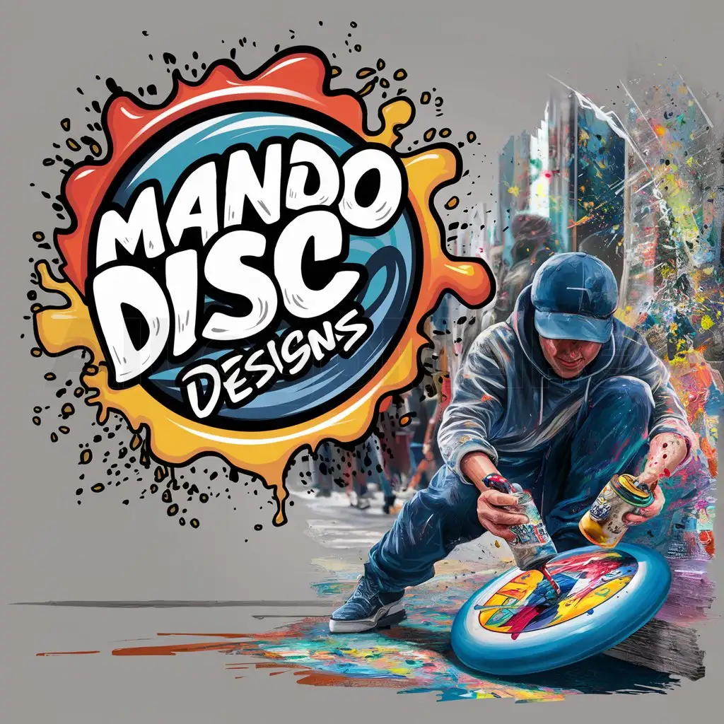 a logo design,with the text 'Mando Disc Designs', main symbol:Bright splashy colors, edgy cool and friendly graffiti style design and text, a graffiti artist making art in the streets, the artist's hands squeeze bottles of paint onto a Frisbee laying at an angle on a surface. A street scene of frenzied paint flying and splattering everywhere,Moderate,clear background