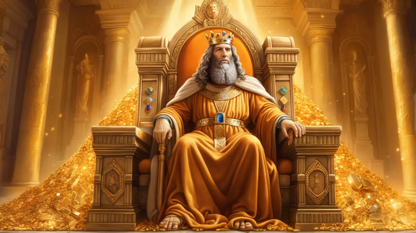 epoque biblique, le roi d'israel, assis sur un trone d'or dans la salle aux tresors remplie d'or et de pierres précieuses colorées, ambiance chaleureuse, lumière orange