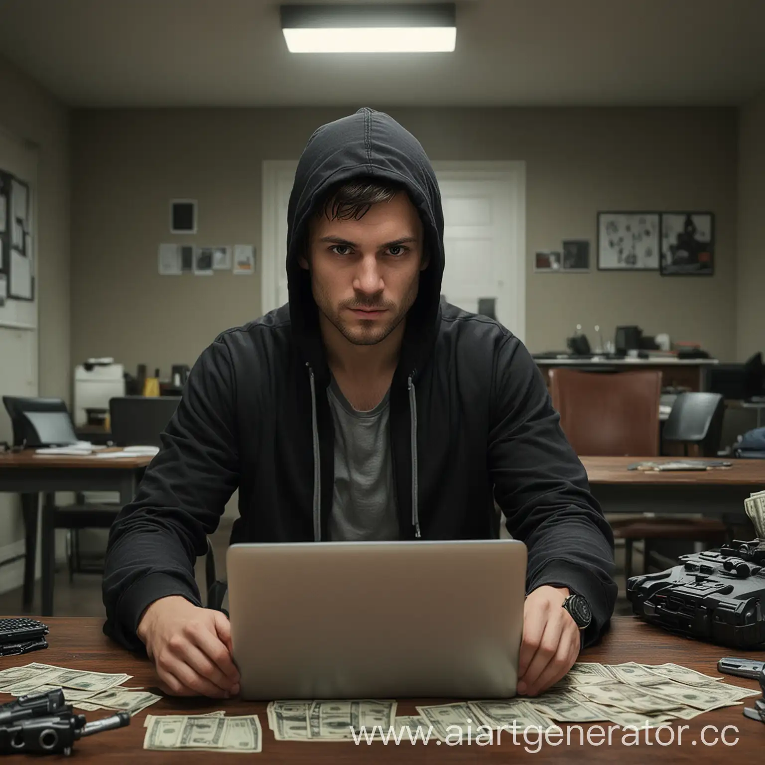 Create me a hacker who sits and looks at the camera, in front of him is a table on the table, a laptop, money, a gun, and so on, as for hacking, with a simple room in the background, realistic, movie, best details, best quality