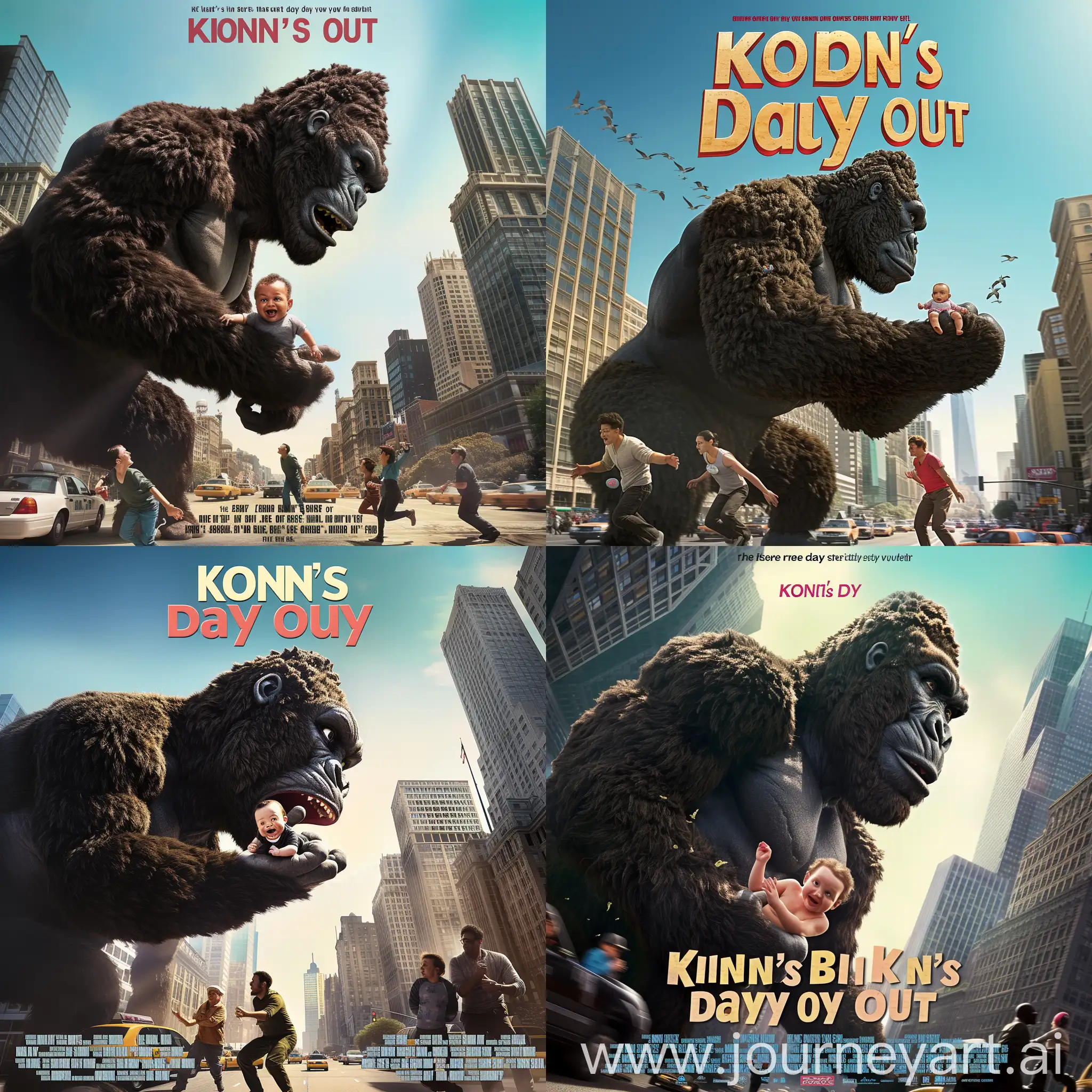 Imagine a thrilling movie poster for a crossover film titled "Kong's Day Out," where the iconic Kong becomes an unlikely hero in the comedic setting of "Baby's Day Out." The poster is vibrant and action-packed, featuring a colossal Kong in the heart of a bustling cityscape. His mighty form towers above the buildings, with one gentle, protective hand cradling the tiny, giggling Baby Bink.

The scene captures a moment of unexpected tenderness, as Kong, with a soft expression in his eyes, looks down at Baby Bink with a protective gaze. The background is a blur of urban chaos, with tiny cars and scattered pedestrians that emphasize the scale of Kong. Skyscrapers stretch towards a clear blue sky, creating a stark contrast against Kong's dark, rugged fur.

At the forefront, a comedic chase unfolds. Three bumbling kidnappers, identical to the original film's antagonists, are in a comedic pursuit, tripping over each other as they try to navigate the giant landscape created by Kong's presence. Their expressions are a mix of awe and fear, adding a humorous twist to their misfortune.

The title "Kong's Day Out" is boldly placed at the top of the poster in large, adventurous fonts, with a tagline beneath that reads: "The biggest babysitter you've ever seen!" The overall feel of the poster is a mix of awe-inspiring action and heartwarming comedy, promising a blockbuster experience where laughter and thrills go hand in hand.