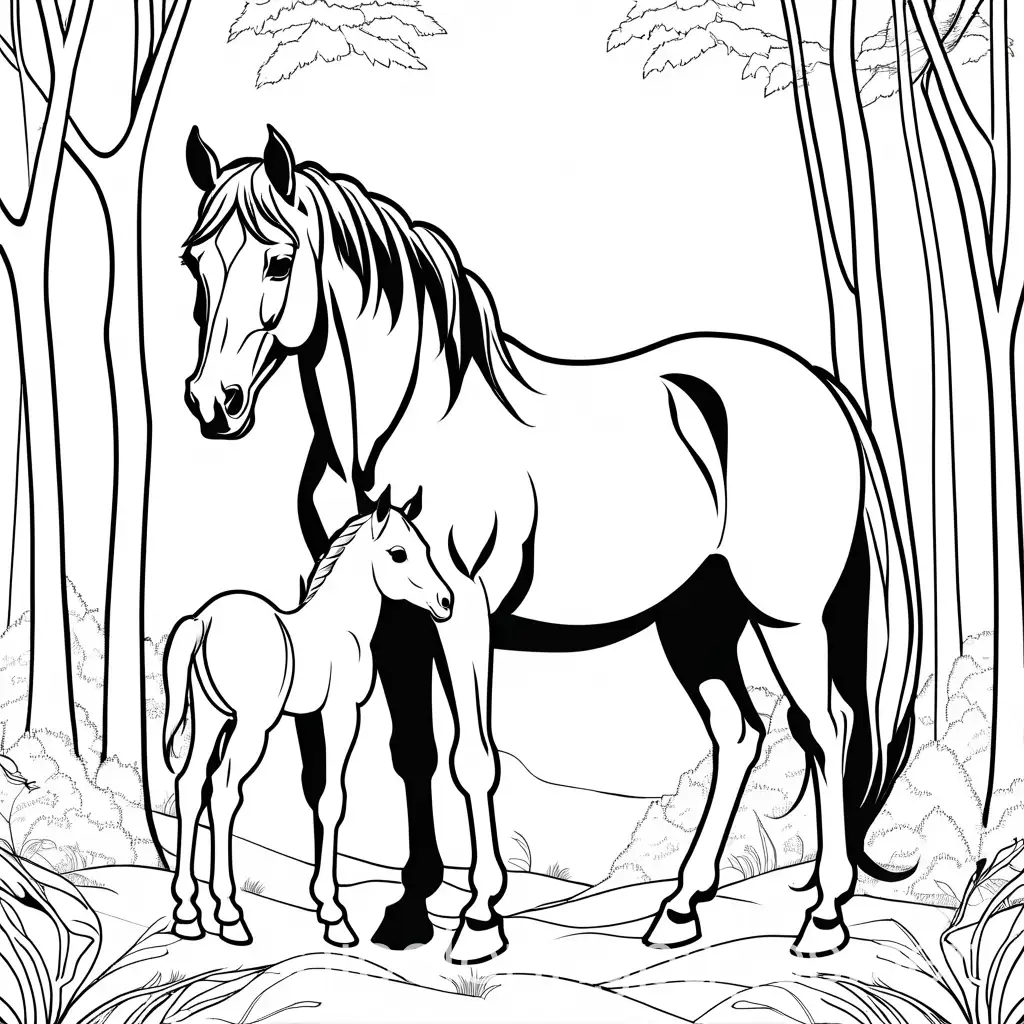 BABY FOAL PLAY WITH IS MOMMY HORSE IN A FOREST, Coloring Page, black and white, line art, white background, Simplicity, Ample White Space. The background of the coloring page is plain white to make it easy for young children to color within the lines. The outlines of all the subjects are easy to distinguish, making it simple for kids to color without too much difficulty