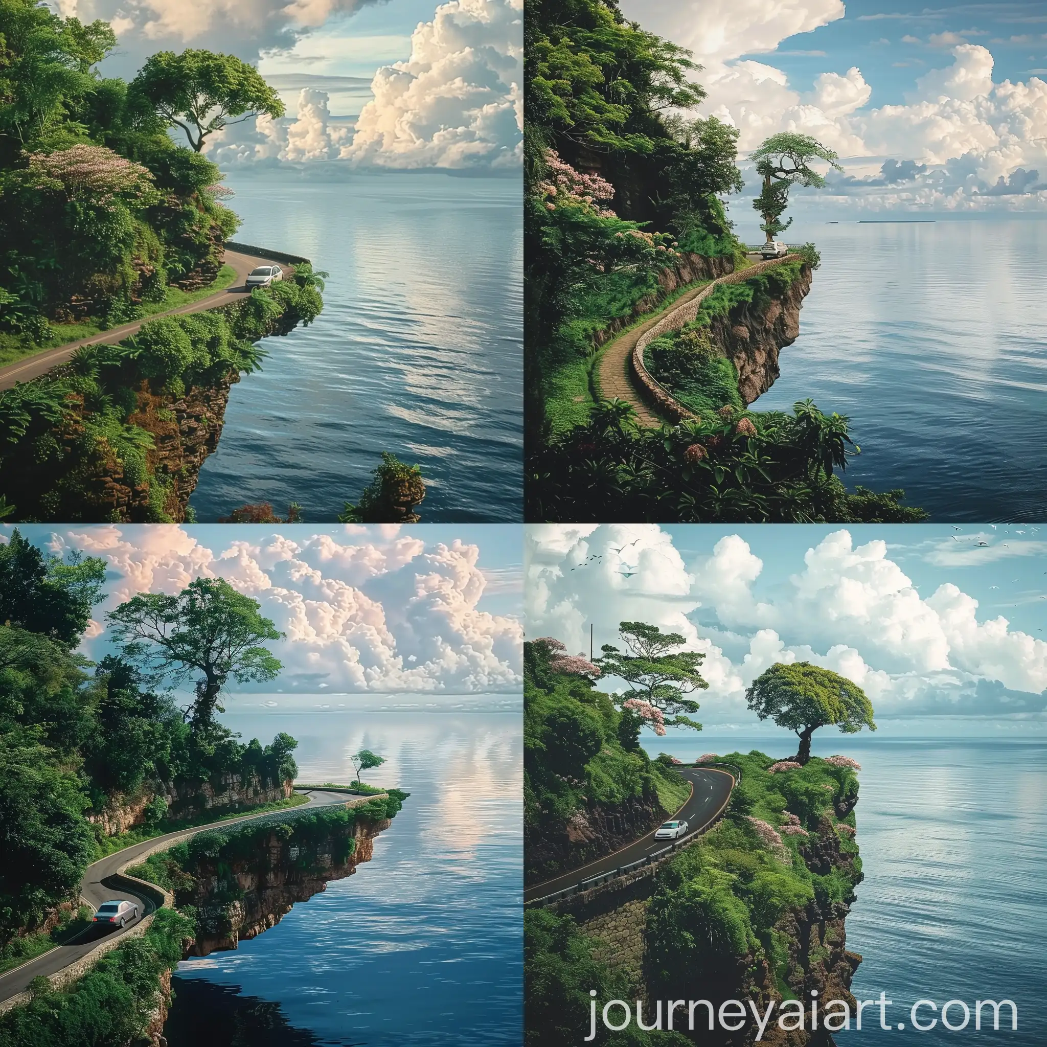 A car drives along a winding coastal road built into the side of a cliff, with lush green vegetation on one side and a calm, expansive body of water on the other. The road features a stone barrier separating it from the steep drop to the water below.