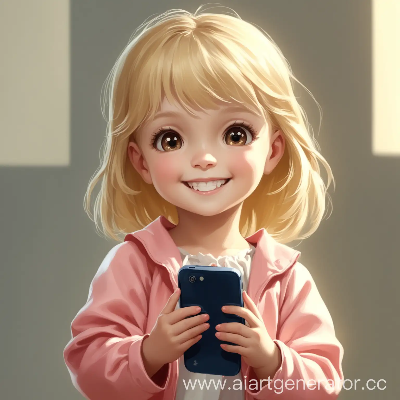 Маленькая девочка со светлыми волосами улыбается и держит в руках телефон