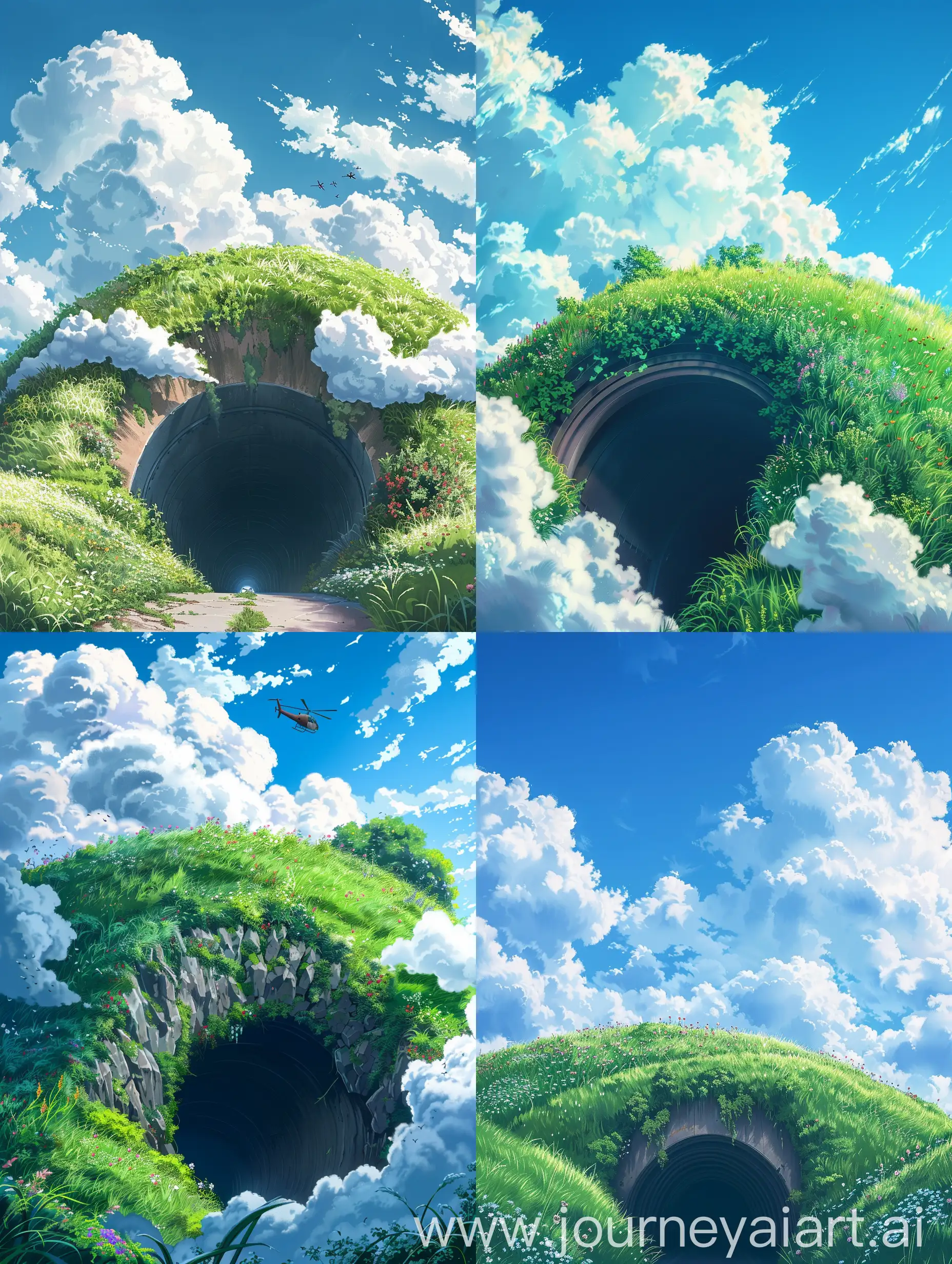 Ghibli-Anime-Style-Tunnel-Entrance-with-Vibrant-Highway-and-Fluffy-Clouds