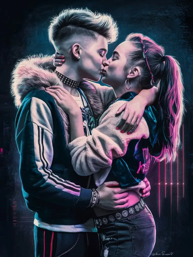 siren teenager couple, kissing, fur-trim-hoodie, choker, raver, fleece-undershirt, hot, raver, raw image, joey king, badass filters and effects, character portrait by Adam Marczyński, a teen cyberpunk cyborg, still from alita, juno promotional image, an edgy teen assassin, neonpunk