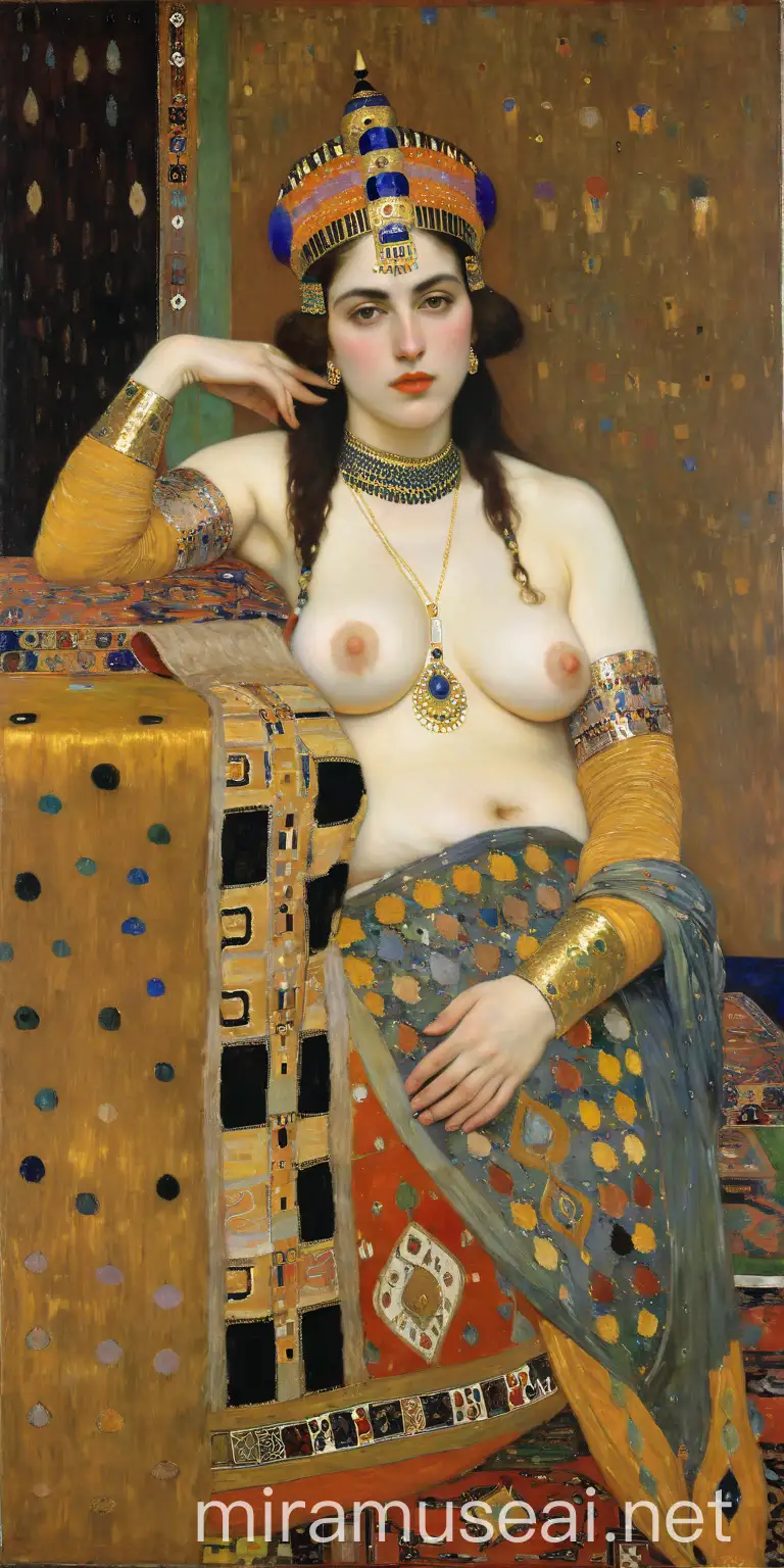 Gustav Klimt Inspired Art Nude Odalisque with Dwarf and Persian Carpet