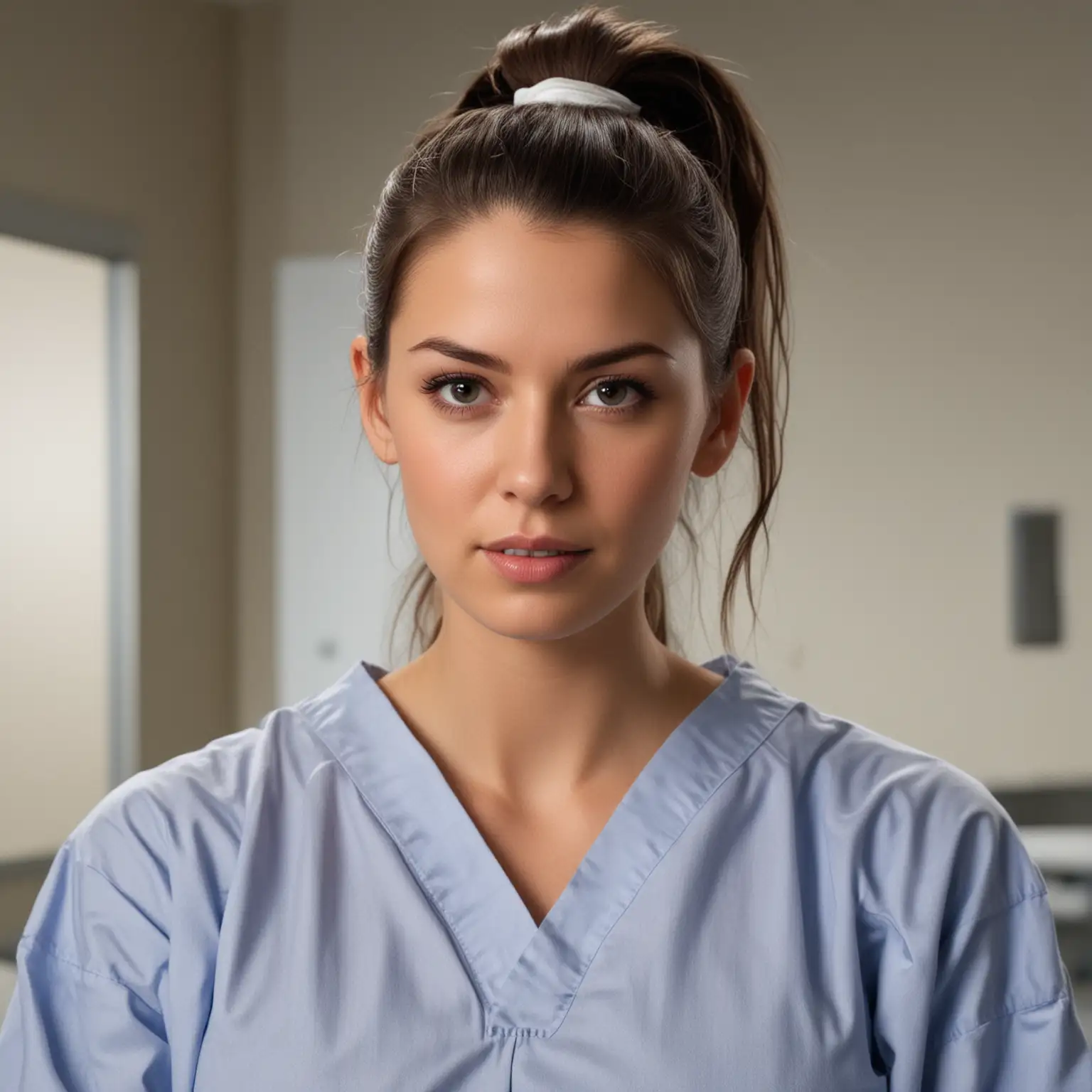 head and shoulders image, A very attractive American brunette in her late 20s, hair in a ponytail, she is vaguely sinister, she is dressed in a hospital gown